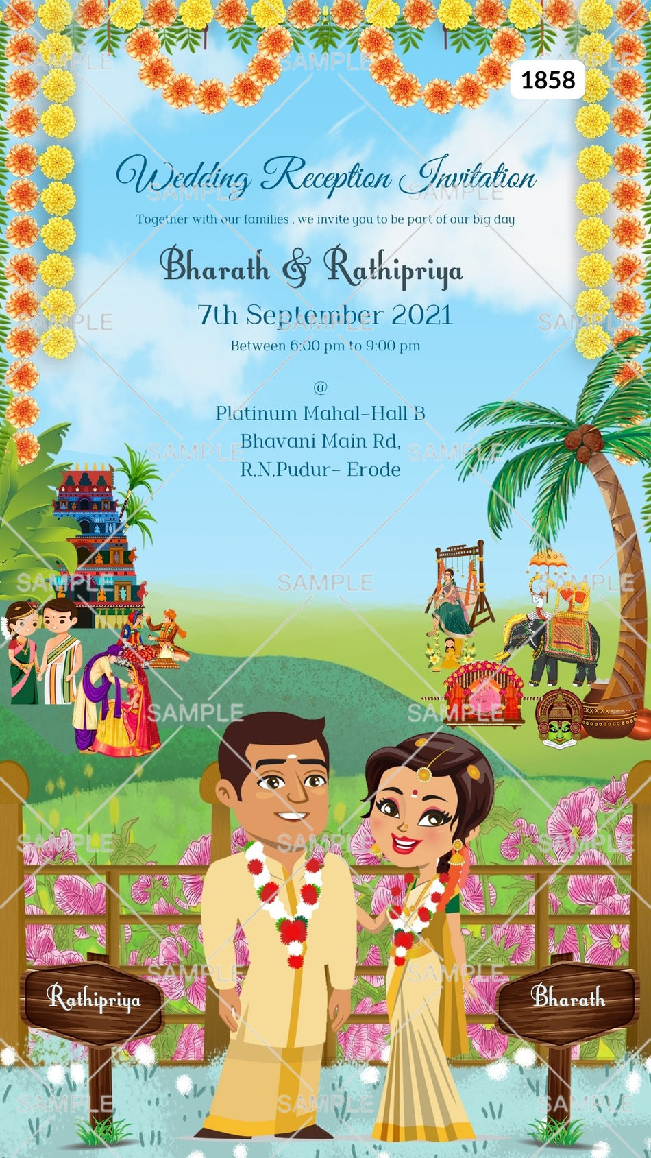 Reception Party invitation card in Canva Editable Template english language with couple doodle, marigold garland as traditional theme design 1858