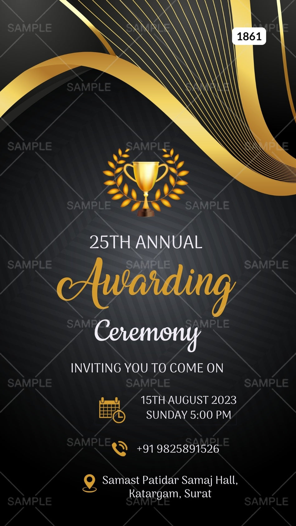 Award ceremony invitation card Canva Editable Template in english language with award, golden lines as elegant theme design 1861