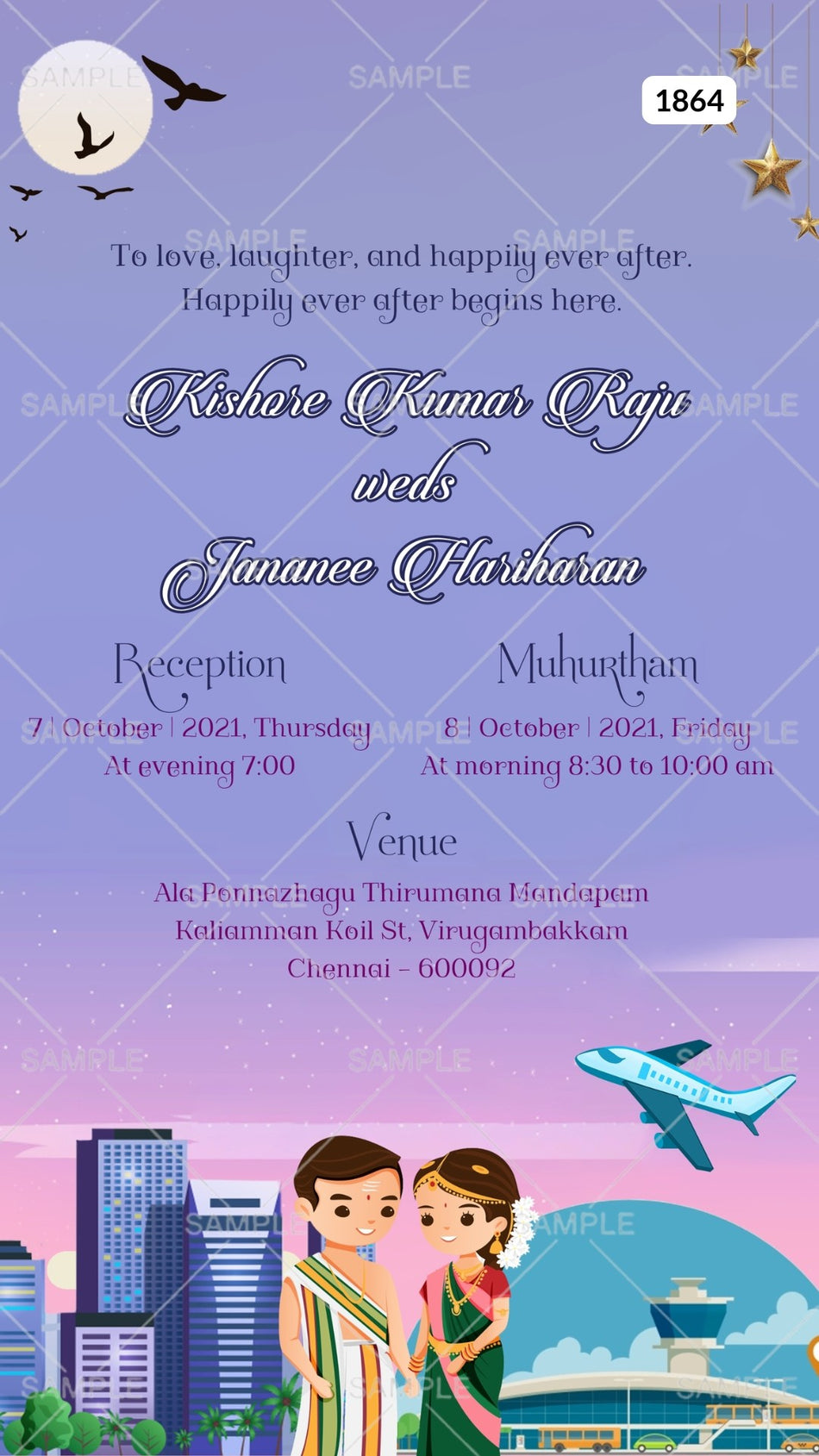 Wedding ceremony invitation card Canva Editable Template of hindu south indian tamil family in english language with  two state theme design 1864