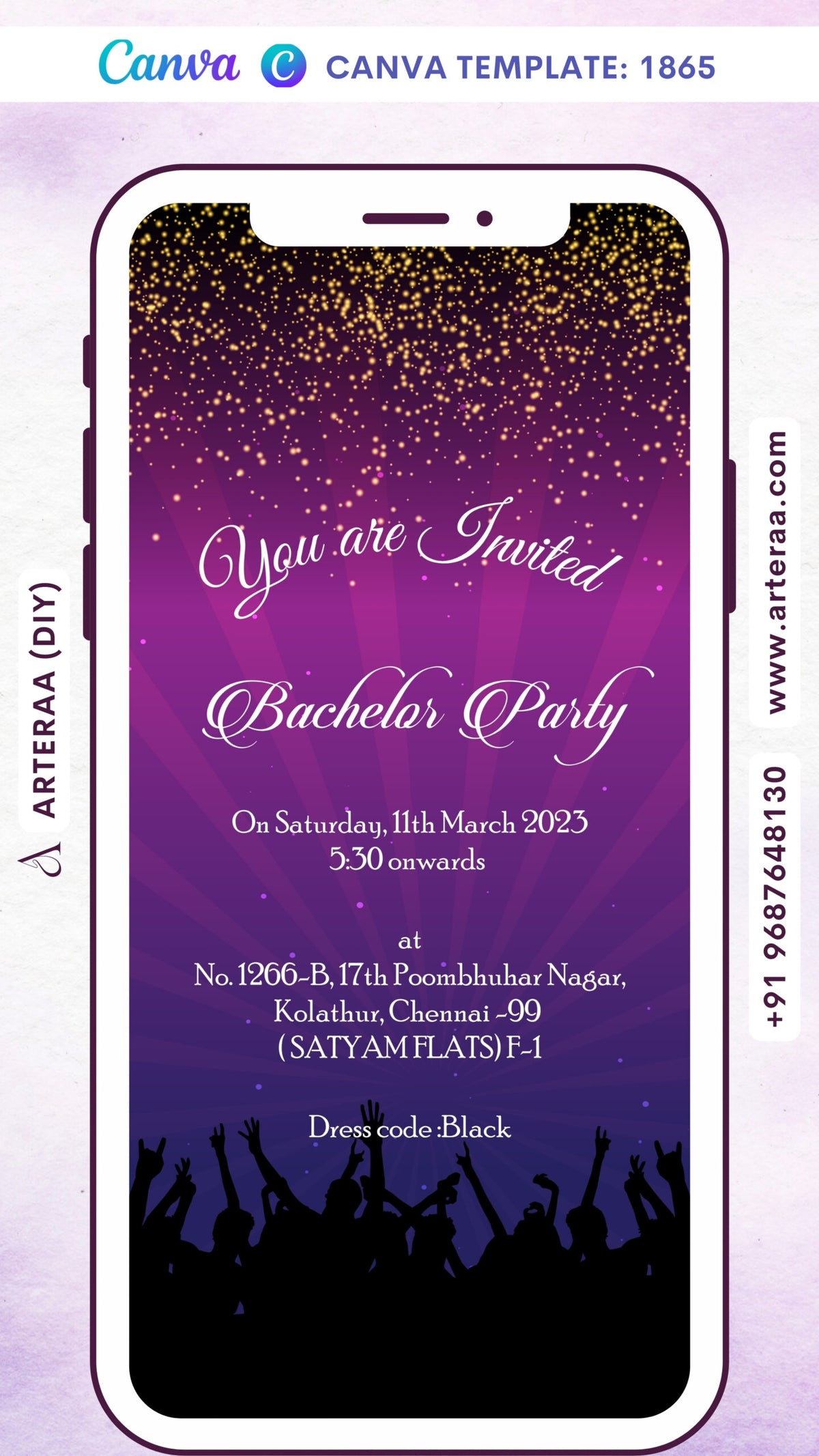 Bachelor Party invitation card Canva Editable Template in english language with people as glittery theme design 1865