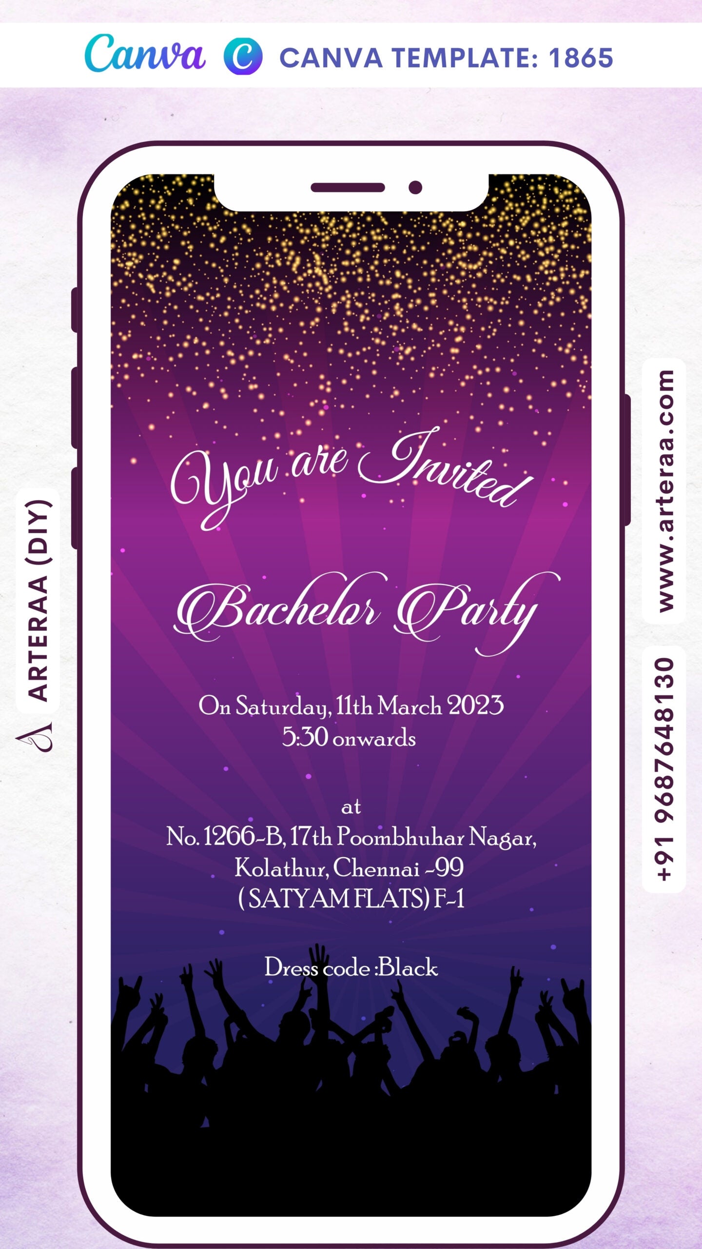 Bachelor Party invitation card Canva Editable Template in english language with people as glittery theme design 1865