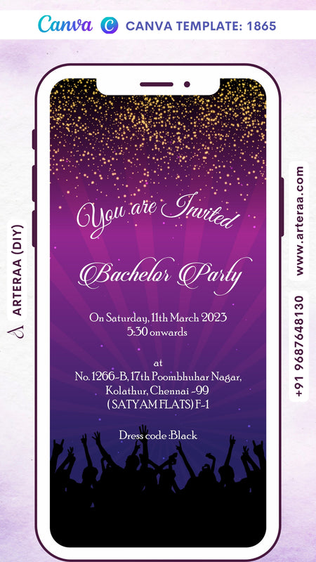 Bachelor Party invitation card Canva Editable Template in english language with people as glittery theme design 1865