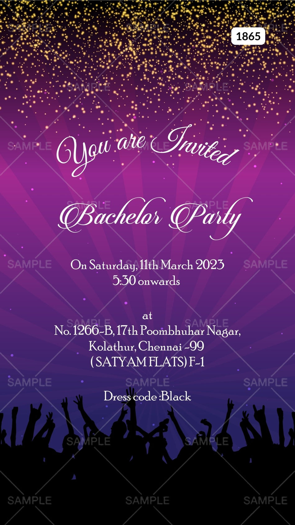 Bachelor Party invitation card Canva Editable Template in english language with people as glittery theme design 1865