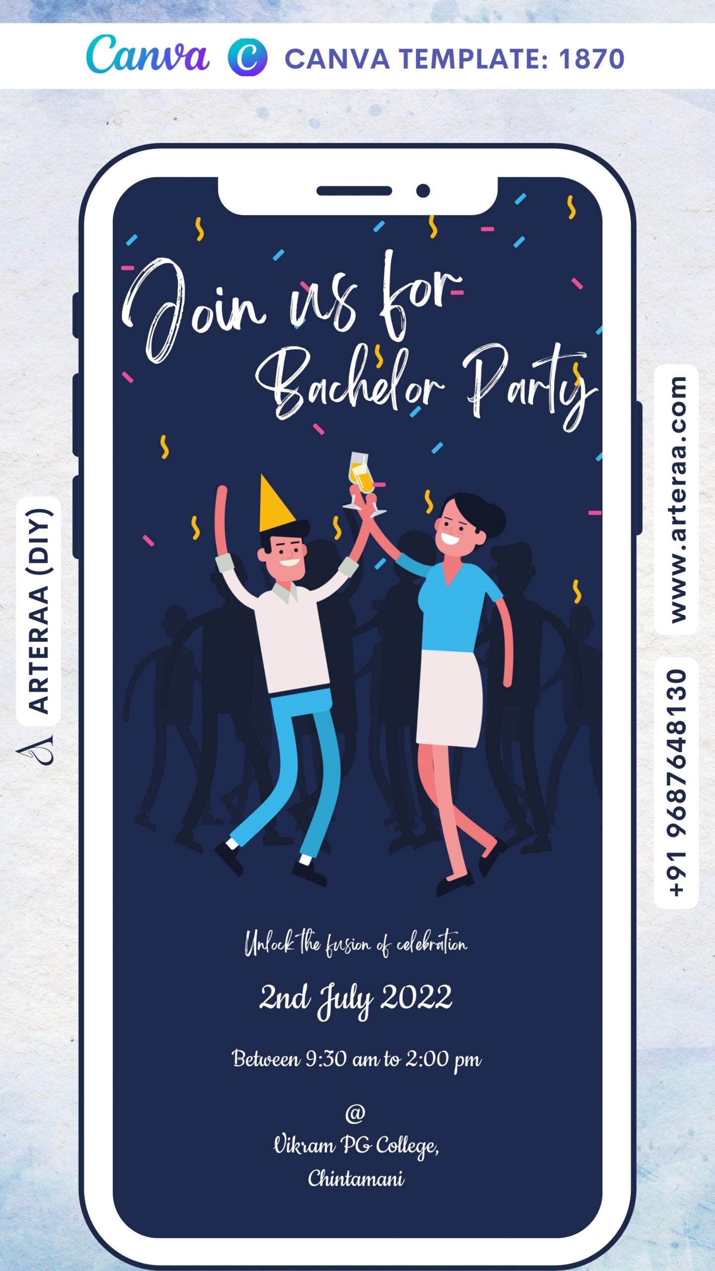 Bachelor Party invitation card Canva Editable Template in english language with minimalistic theme design 1870