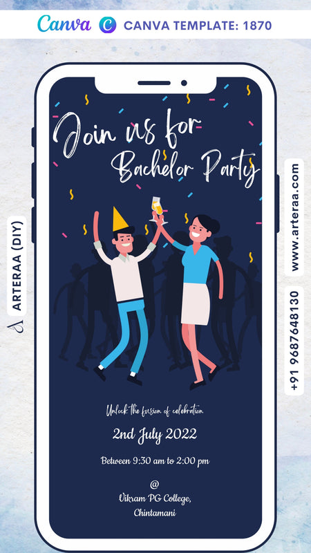 Bachelor Party invitation card Canva Editable Template in english language with minimalistic theme design 1870