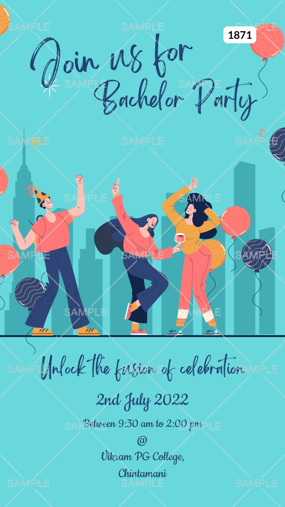 Bachelor Party invitation card Canva Editable Template in english language with balloons, people as minimalistic theme design 1871