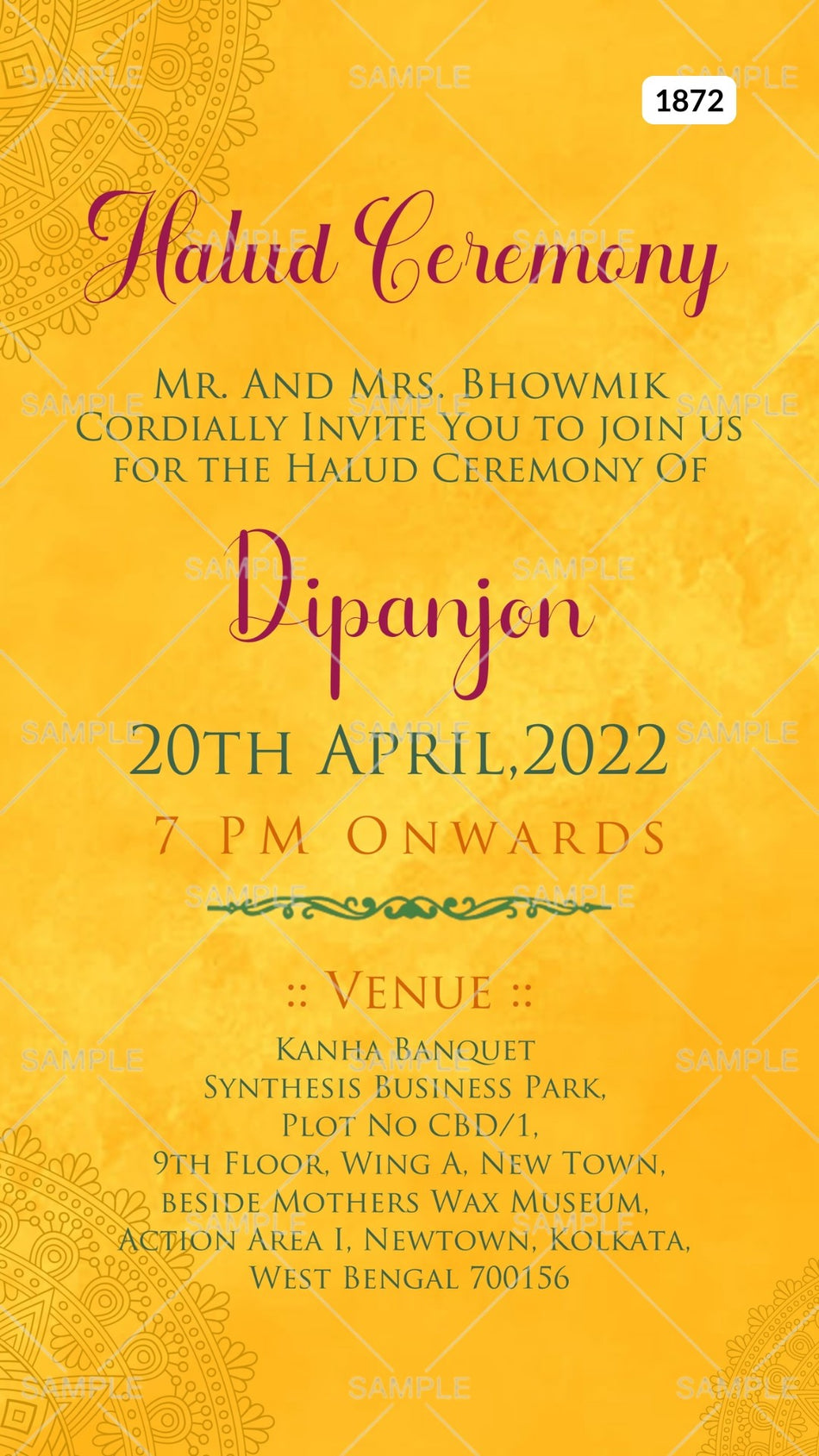 Haldi ceremony invitation card Canva Editable Template in english language with mandala as minimalistic theme design 1872
