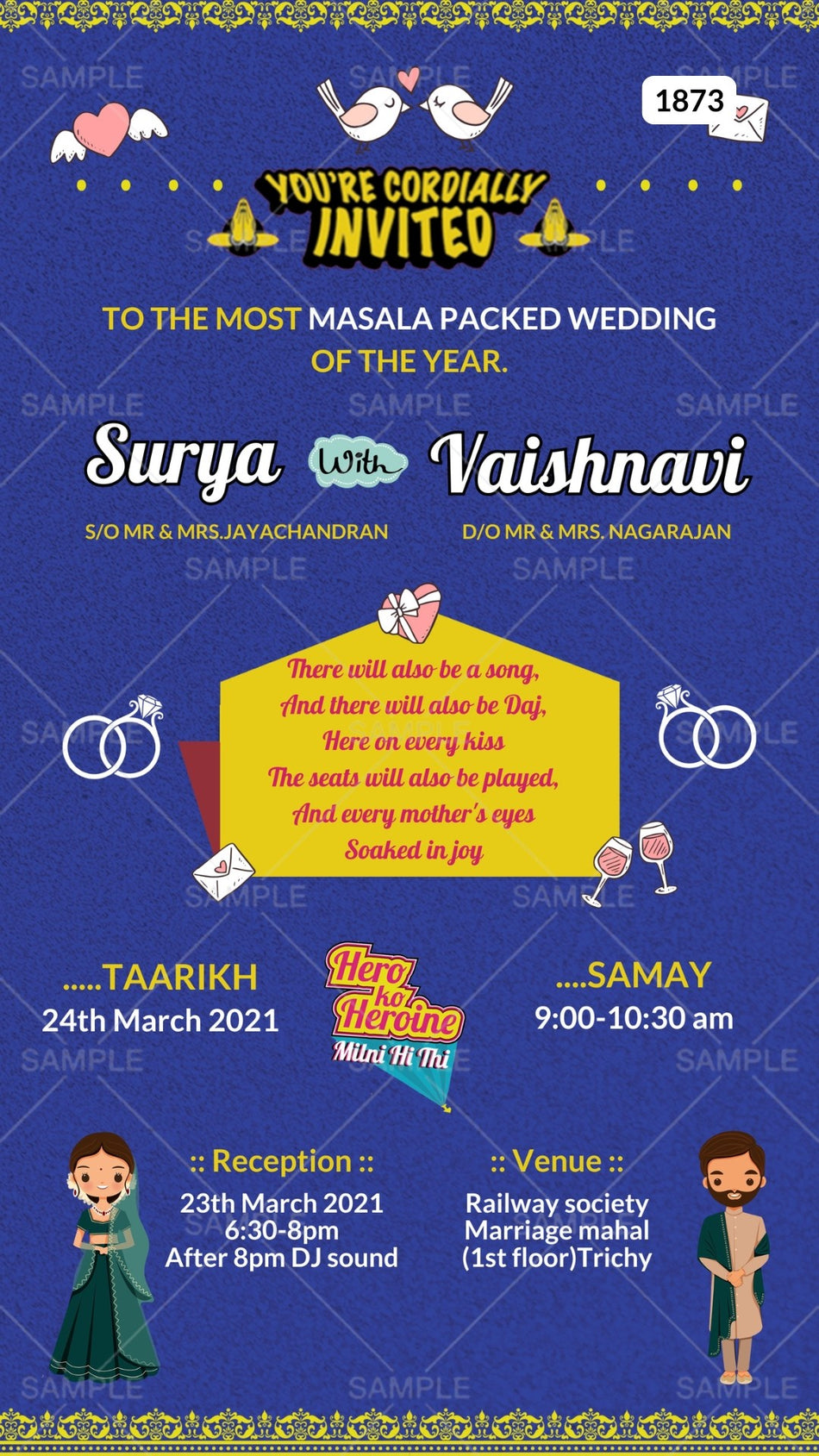 Wedding ceremony invitation card Canva Editable Template of hindu south indian tamil family in english language with  bollywood theme design 1873