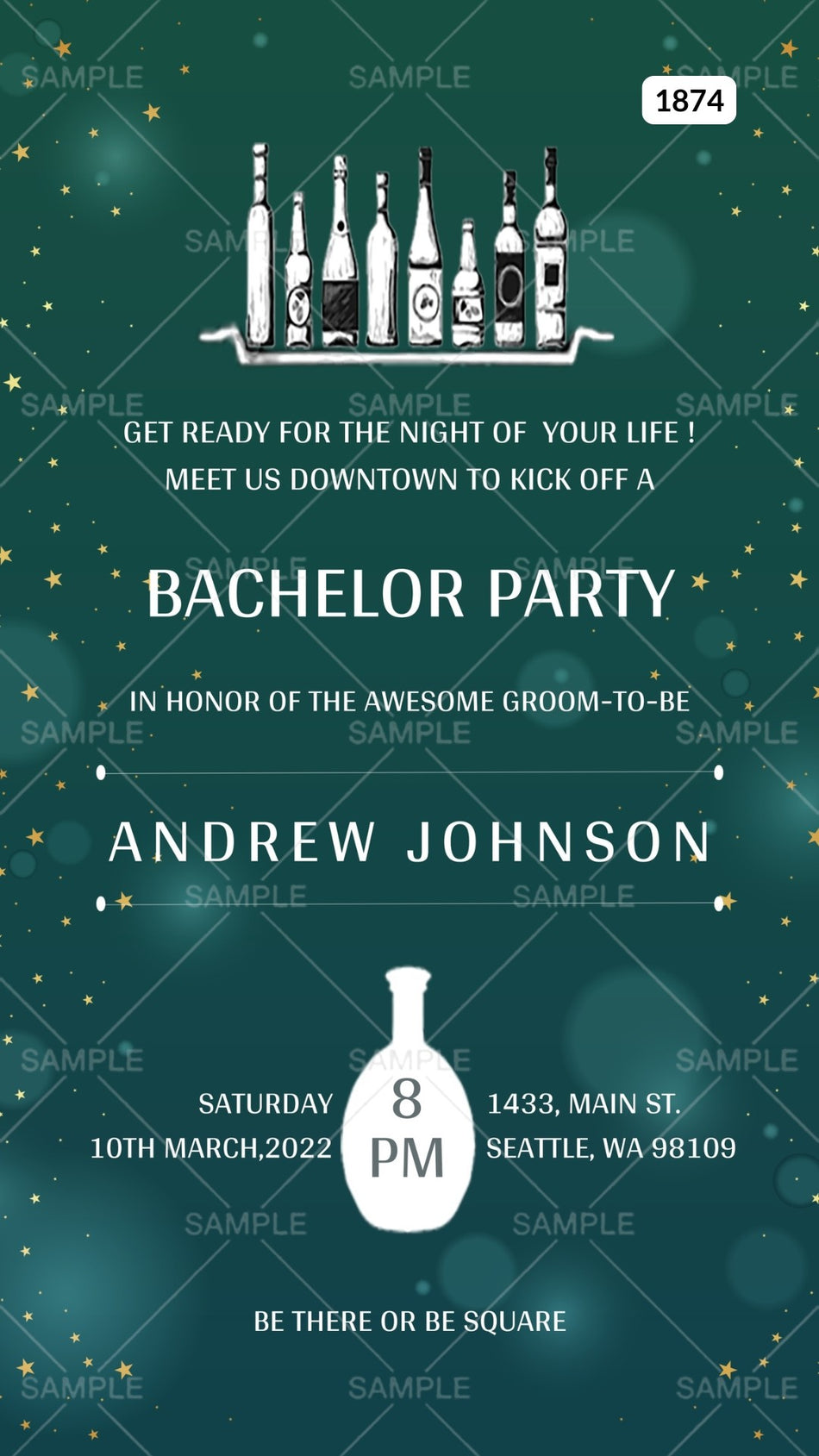 Bachelor Party invitation card Canva Editable Template in english language with bottle as glittery theme design 1874