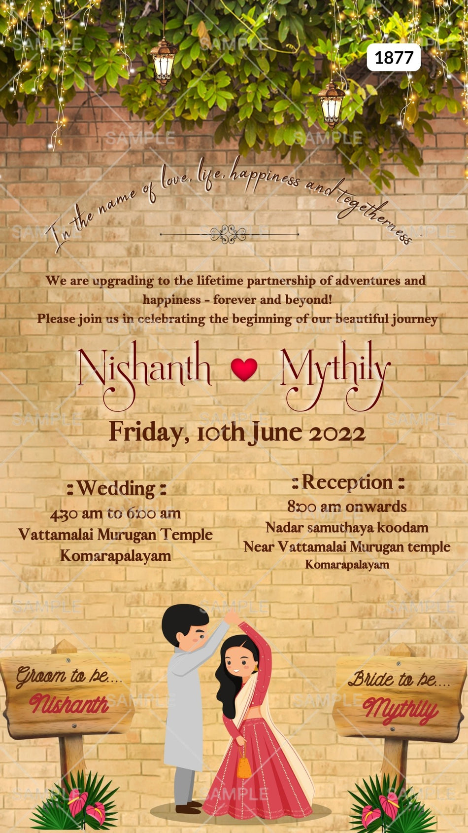 Wedding ceremony invitation card Canva Editable Template of hindu south indian tamil family in english language with  vintage theme design 1877