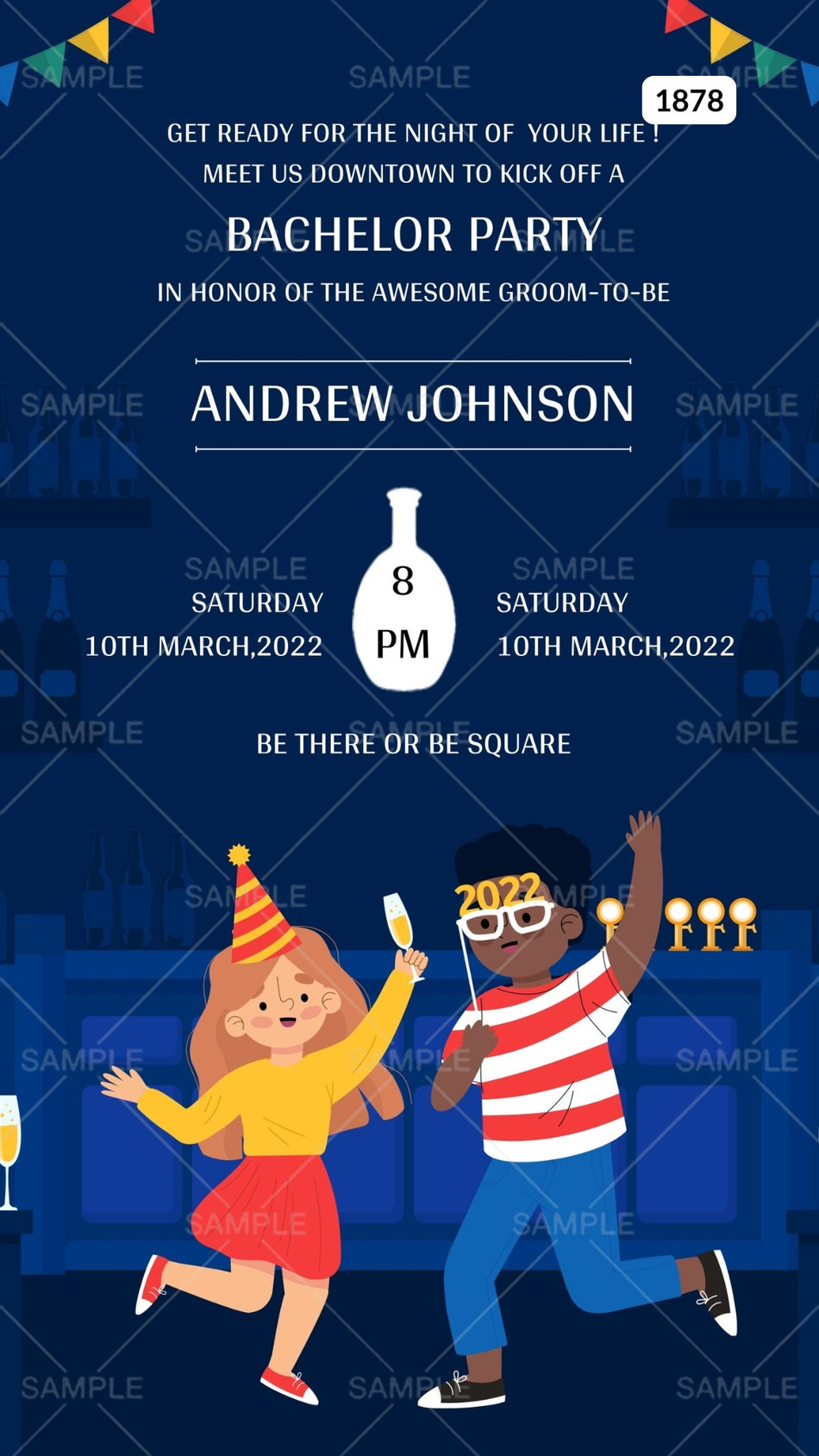 Bachelor Party invitation card Canva Editable Template in english language with birthday flag, doodle as night view theme design 1878