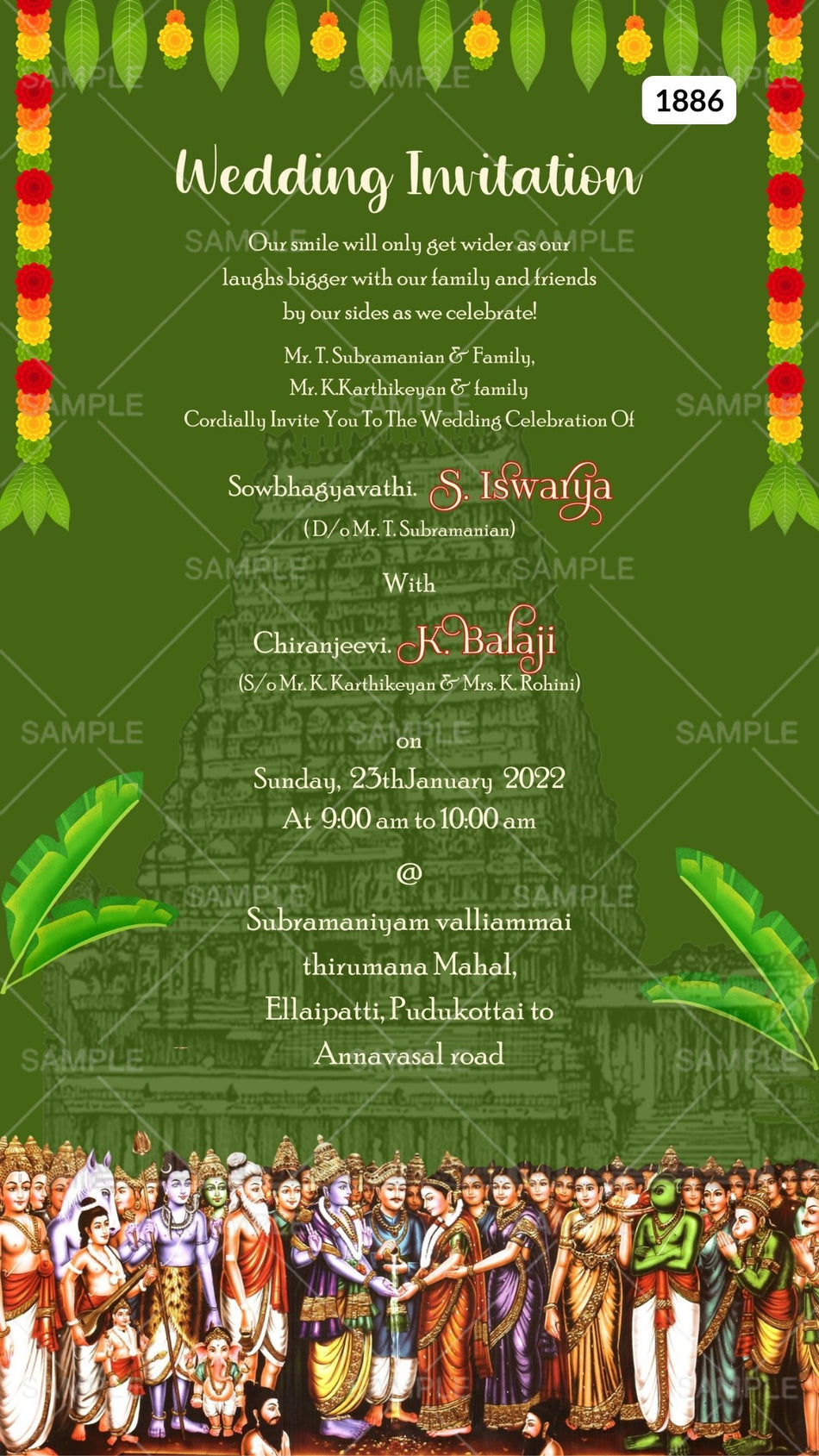 Wedding ceremony invitation card Canva Editable Template of hindu south indian tamil family in english language with temple theme design 1886