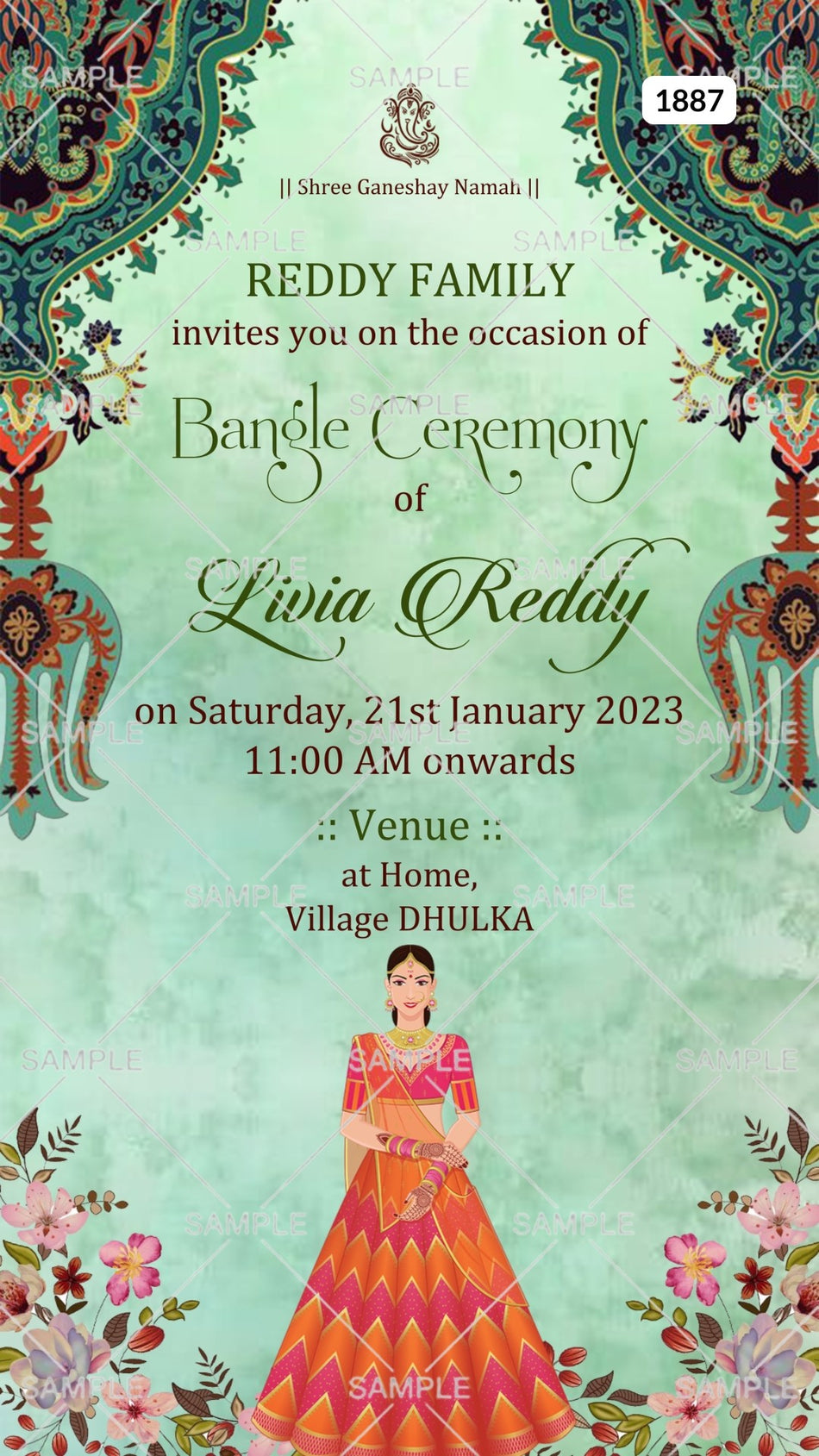Choora ceremony invitation card Canva Editable Template in english language with traditional theme design 1887
