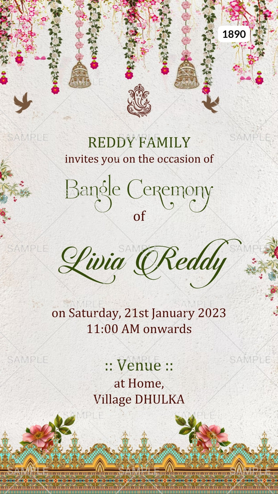Choora ceremony invitation card Canva Editable Template in english language with vintage theme design 1890