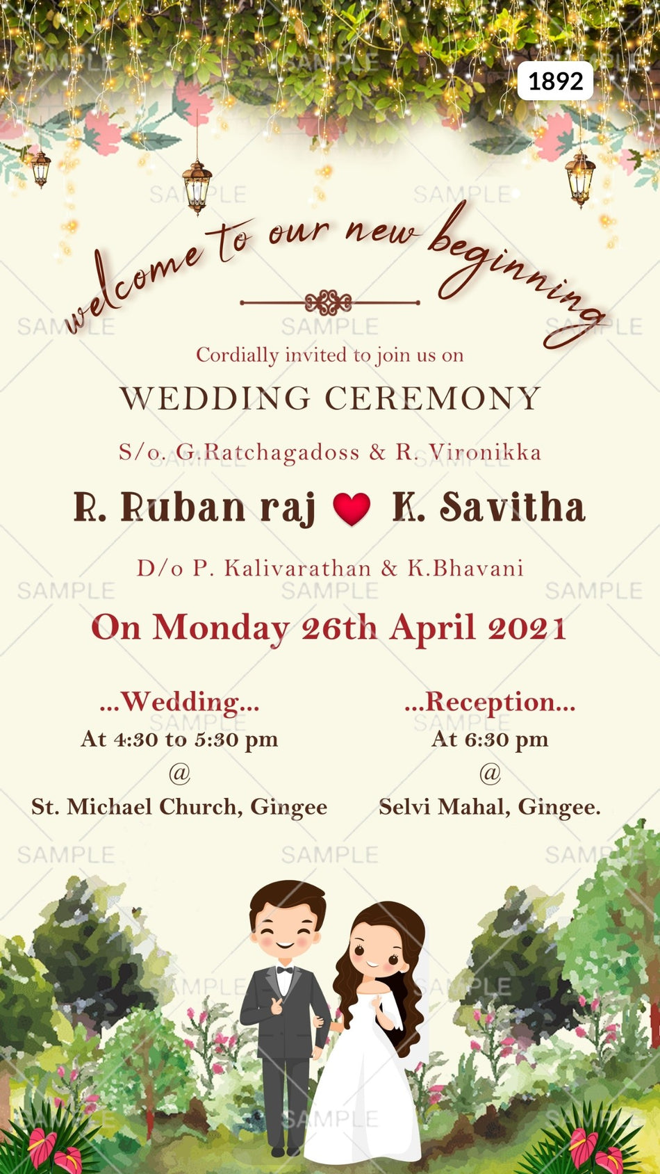 Bible verse Christian wedding ceremony invitation card Canva Editable Template of Catholic church family in english language with Garden theme design 1892