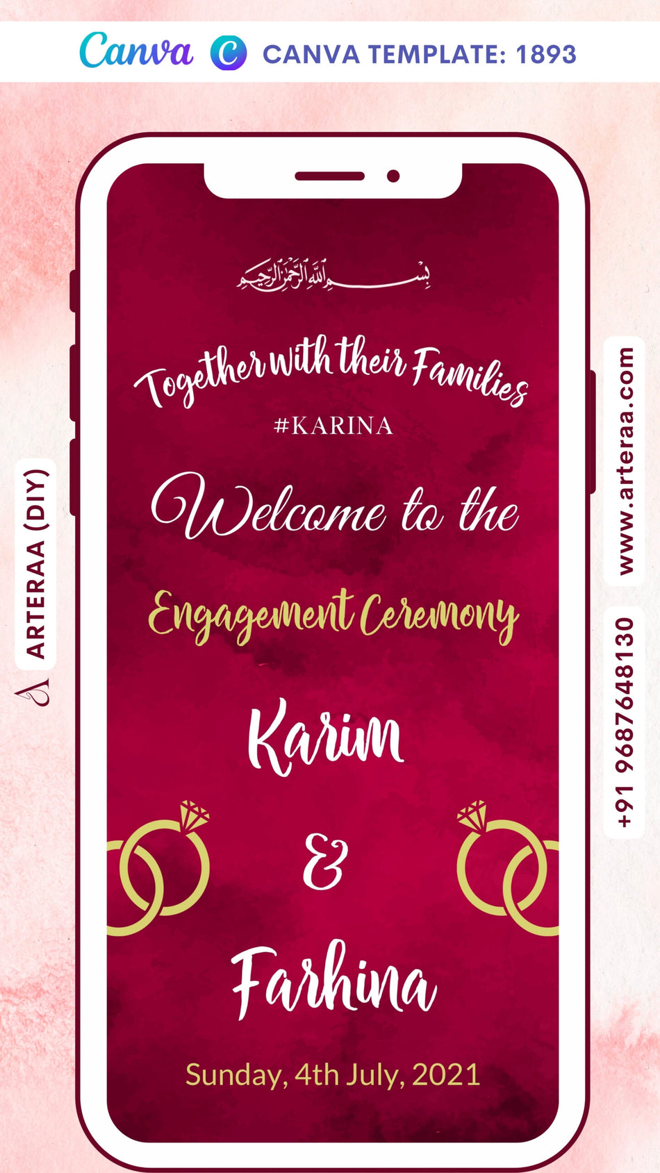 Engagement ceremony invitation card Canva Editable Template in english language with ring as minimalistic theme design 1893