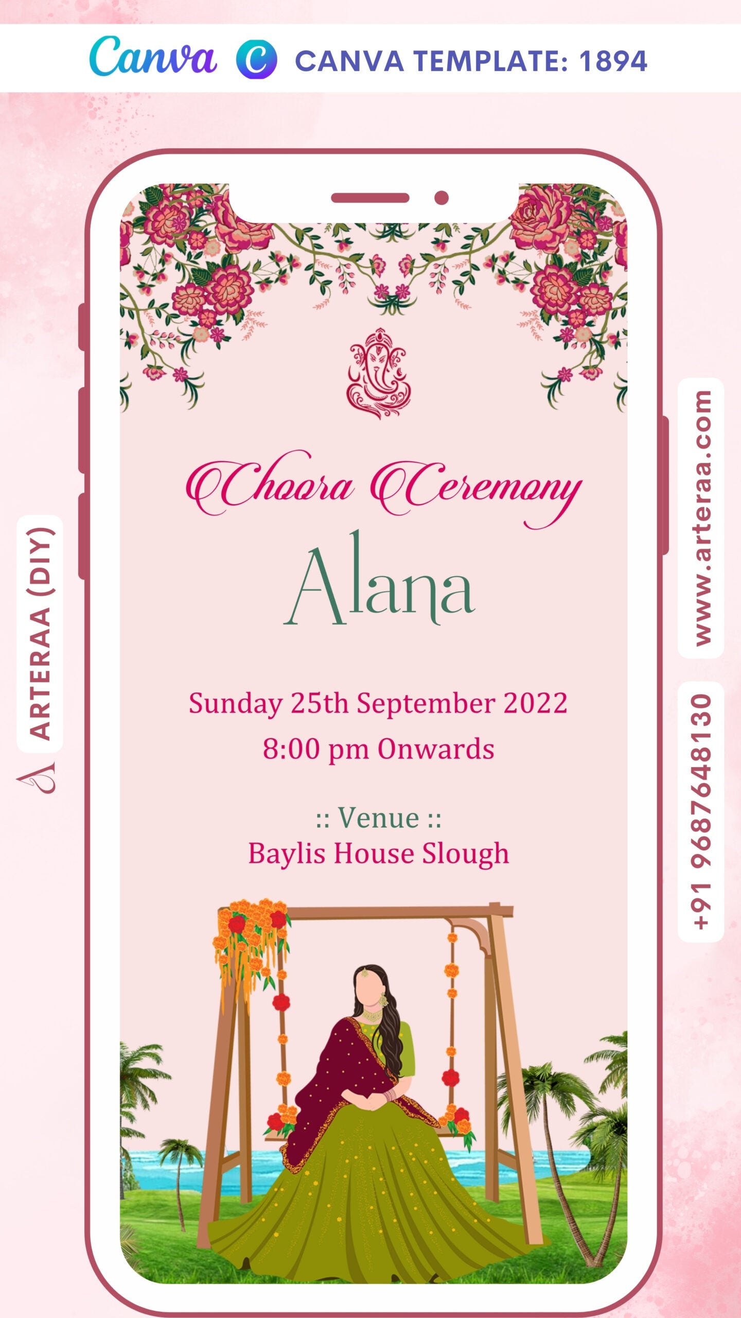 Choora ceremony invitation card Canva Editable Template in english language with girl doodle as beach theme design 1894