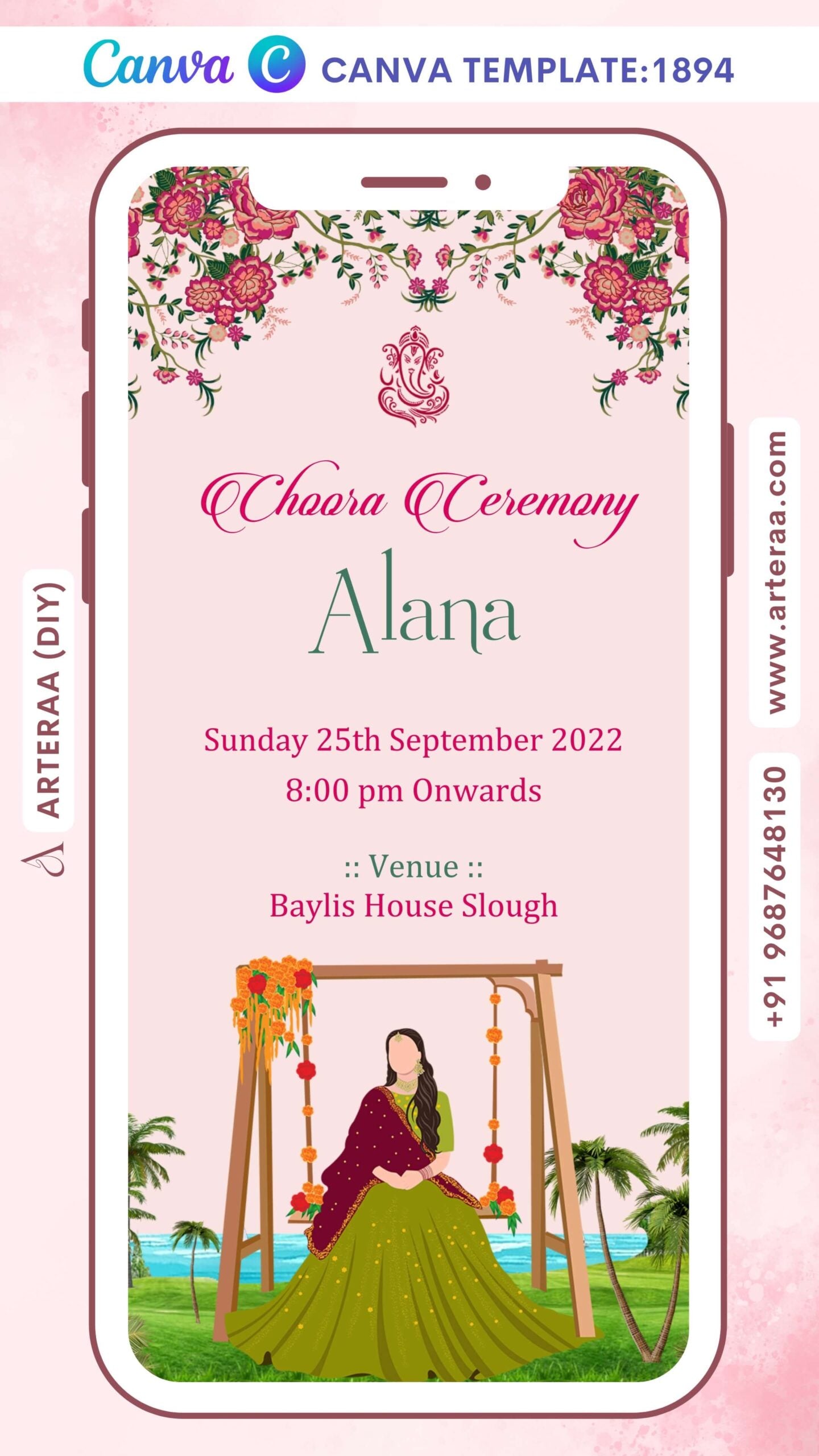 Choora ceremony invitation Canva Editable video Template in english language with girl doodle as beach theme design 1894