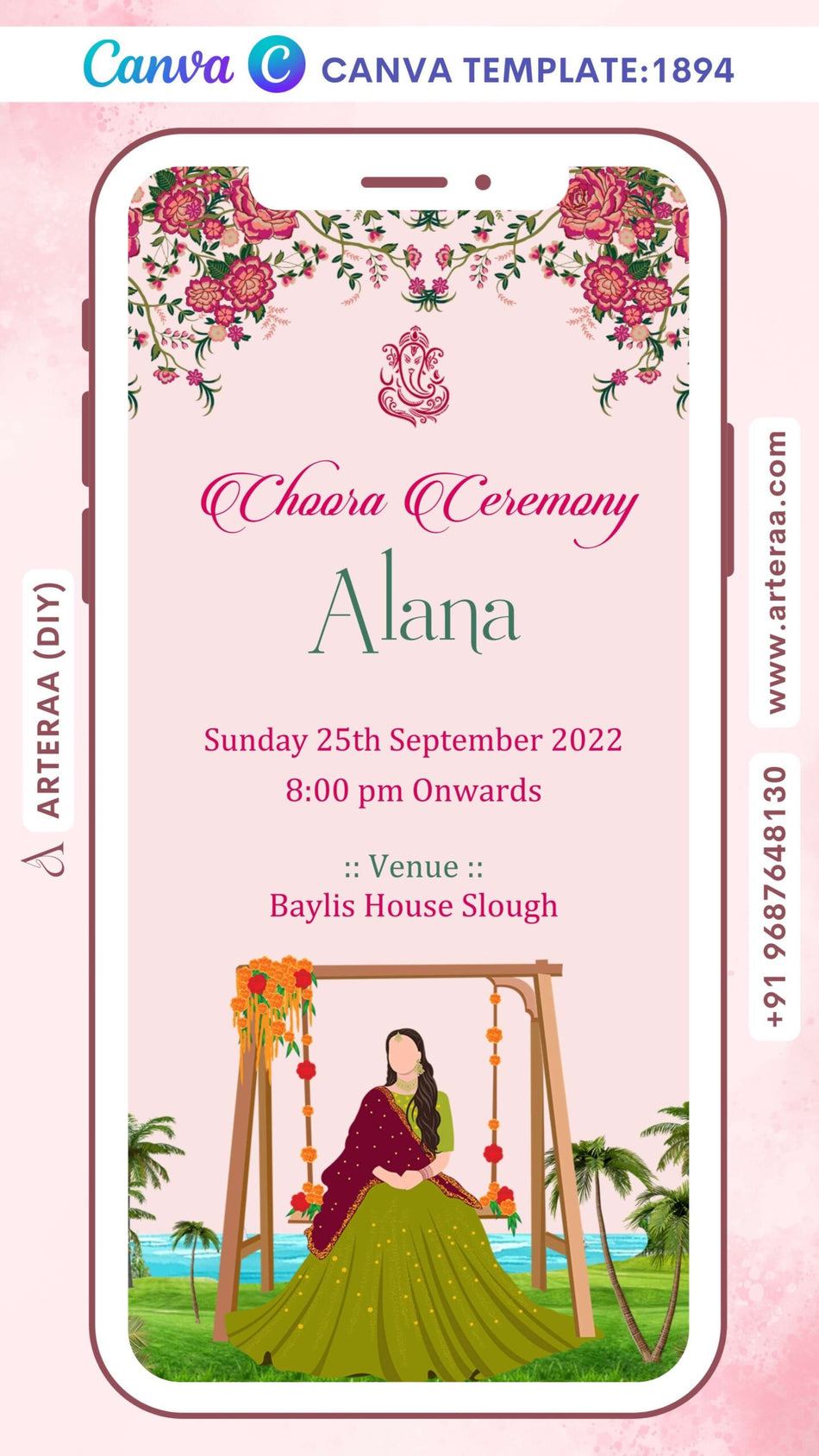 Choora ceremony invitation Canva Editable video Template in english language with girl doodle as beach theme design 1894