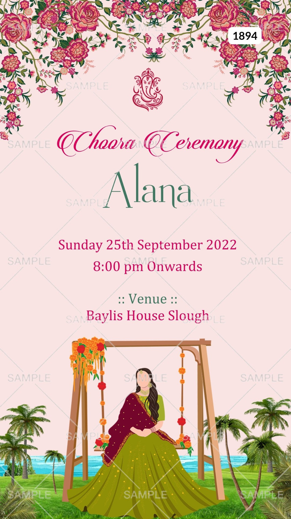 Choora ceremony invitation card Canva Editable Template in english language with girl doodle as beach theme design 1894