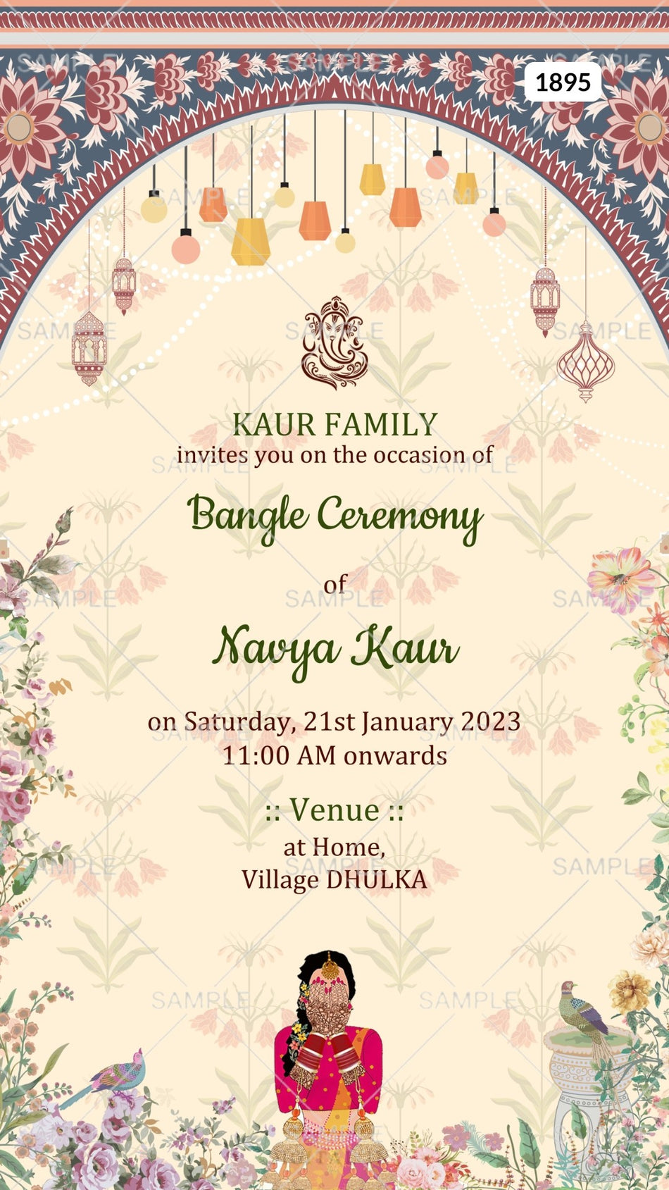 Choora ceremony invitation card Canva Editable Template in english language with traditional theme design 1895