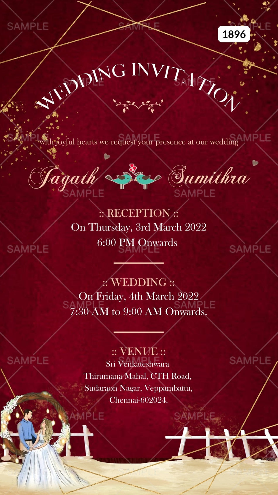 Wedding ceremony invitation card Canva Editable Template of hindu south indian tamil family in english language with glittery theme design 1896