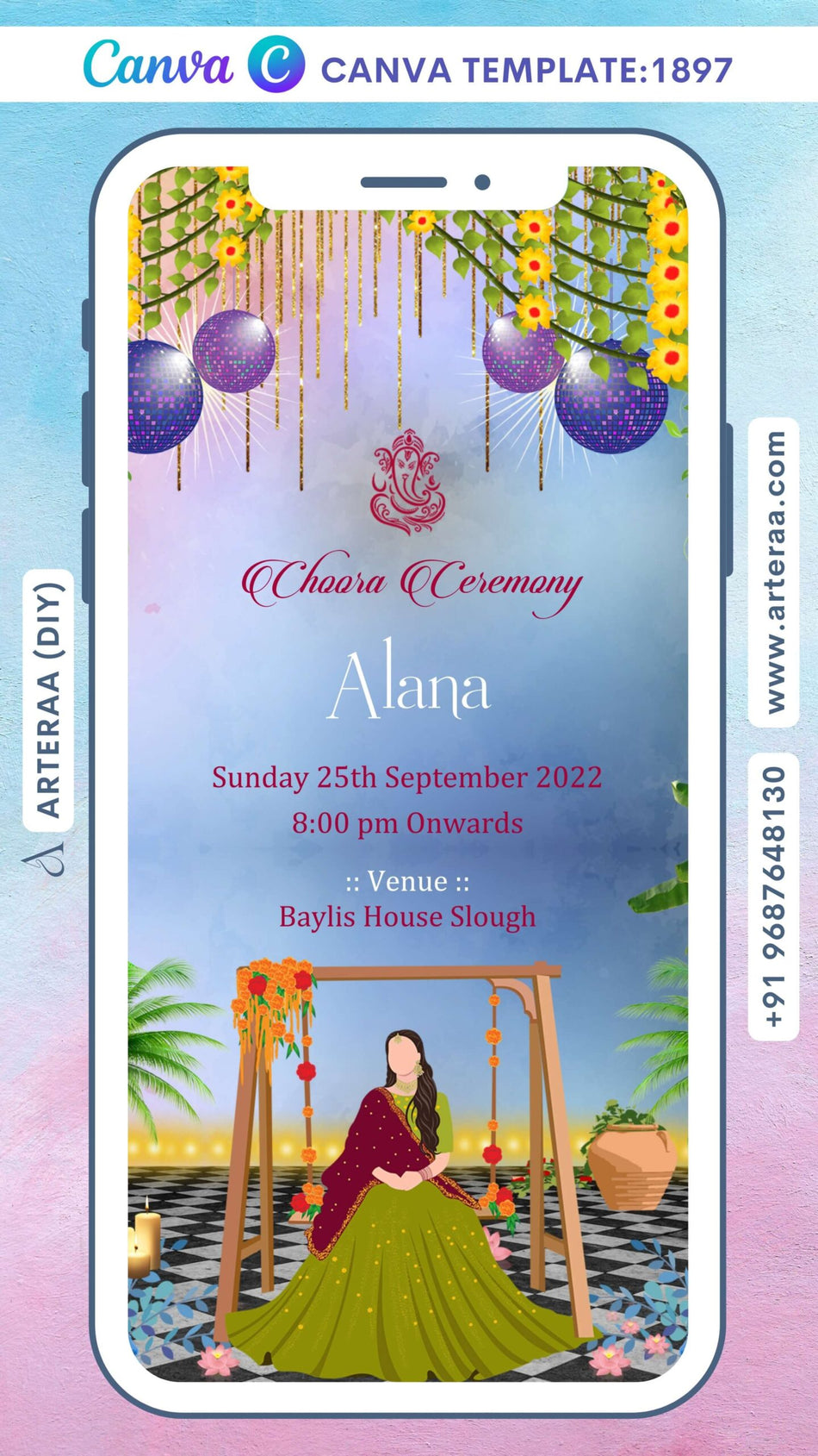 Choora ceremony invitation Canva Editable video Template in english language with traditional theme design 1897