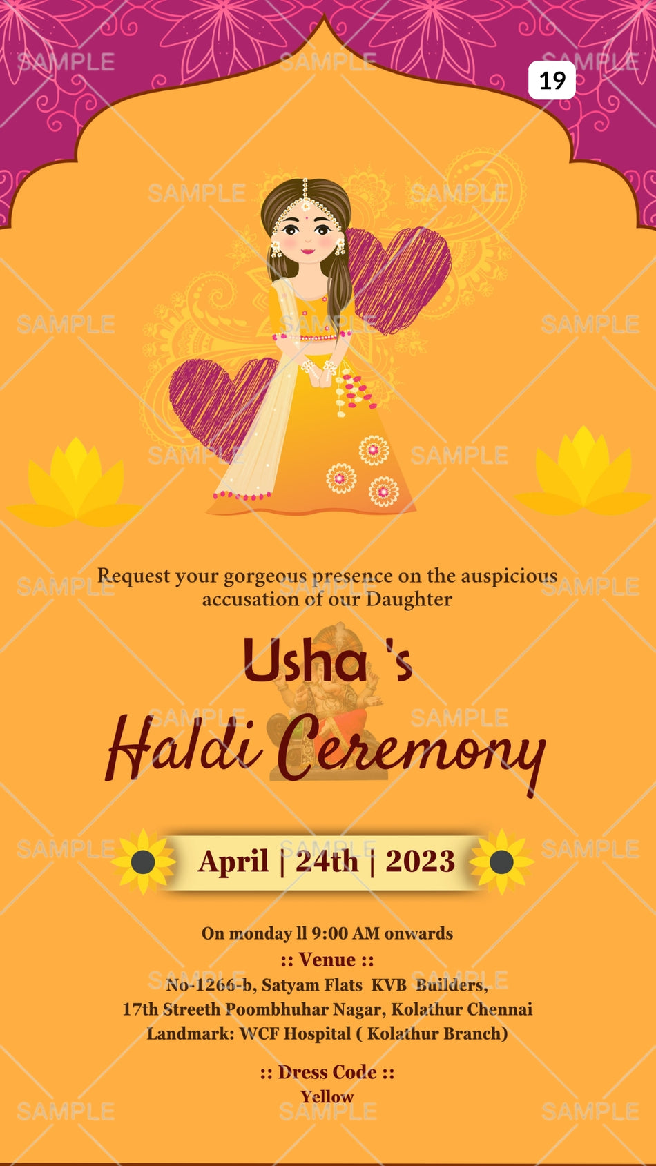 Haldi ceremony invitation card Canva Editable Template in english language with girl doodle, flowers as arch theme design 19