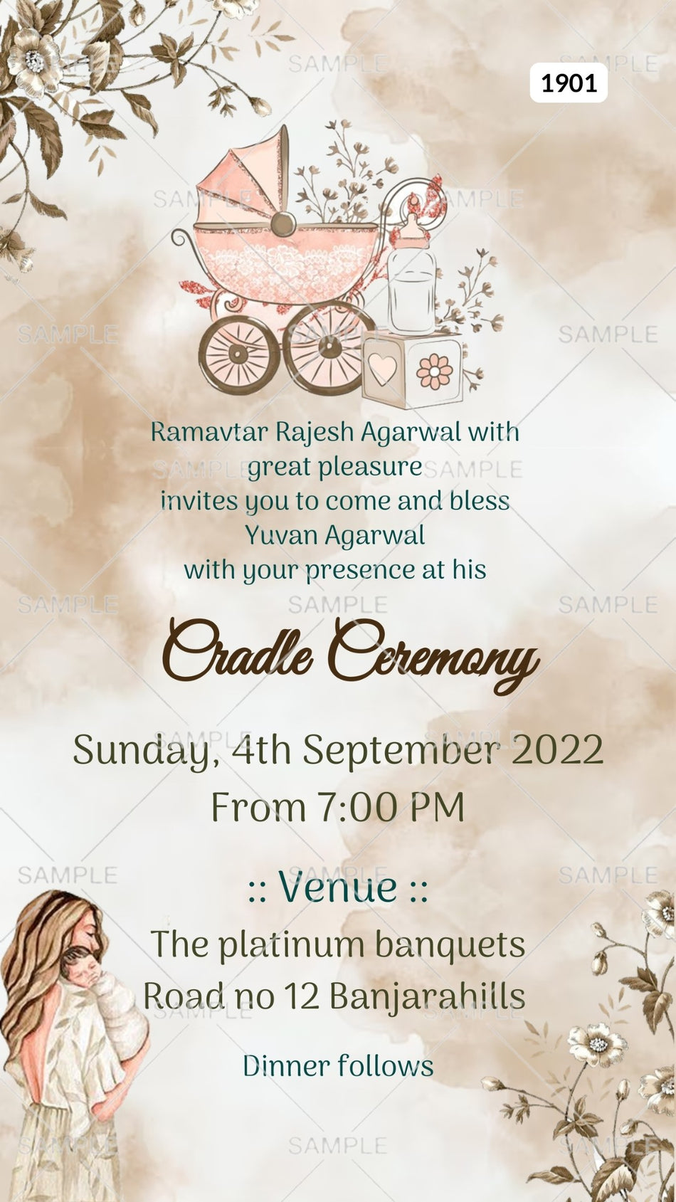 Cradle ceremony invitation card Canva Editable Template for baby boy in english language with cradle, flowers as floral theme design 1901