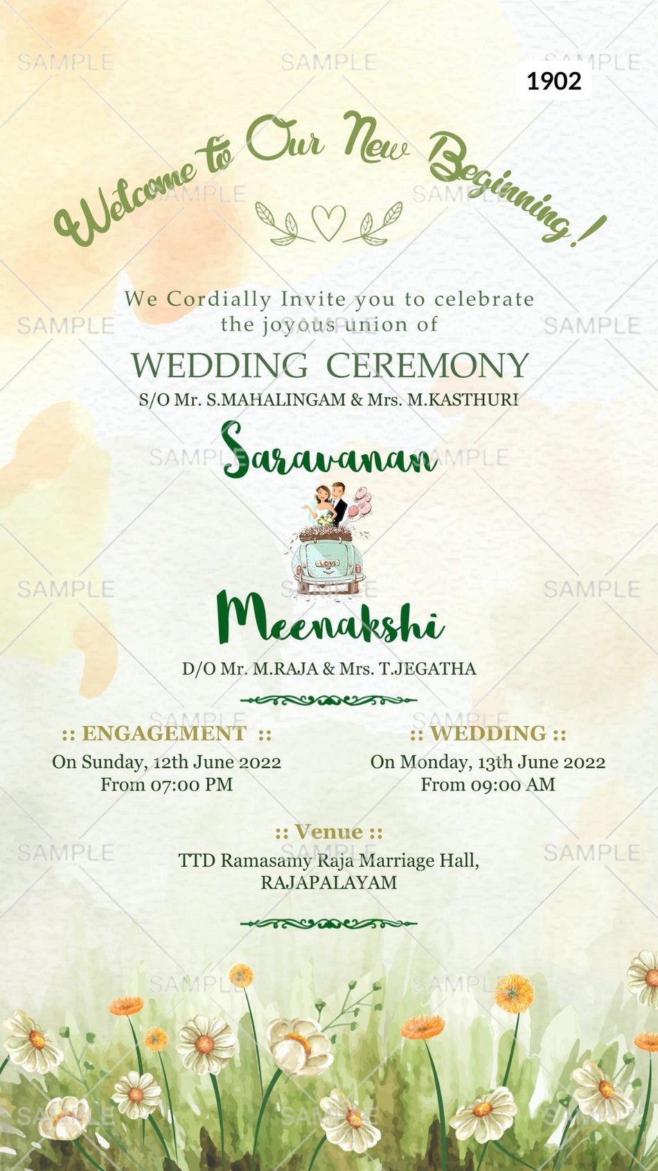 Wedding ceremony invitation card Canva Editable Template of hindu south indian tamil family in english language with  garden theme design 1902