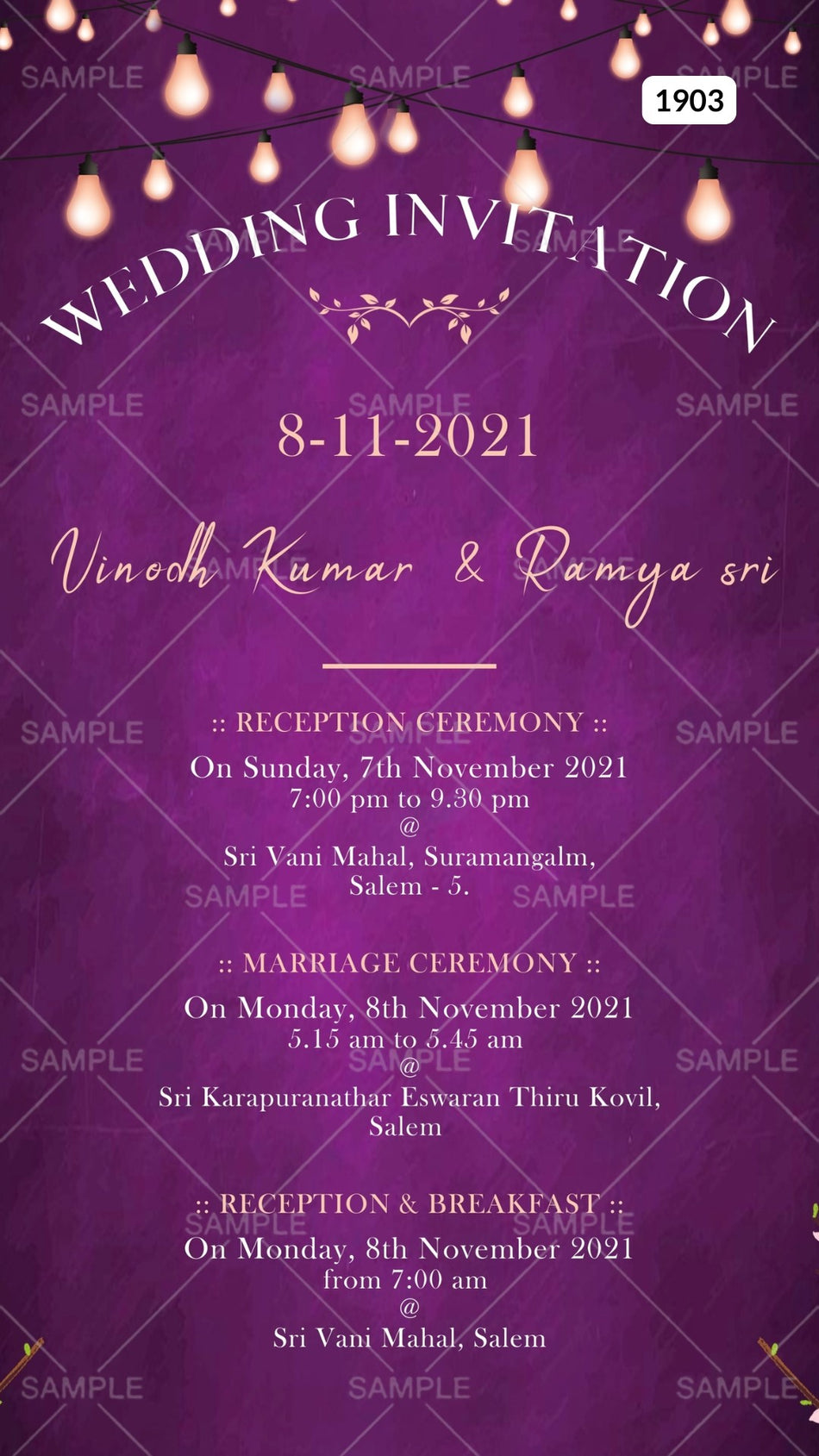 Wedding ceremony invitation card Canva Editable Template of hindu south indian tamil family in english language with  shining theme design 1903