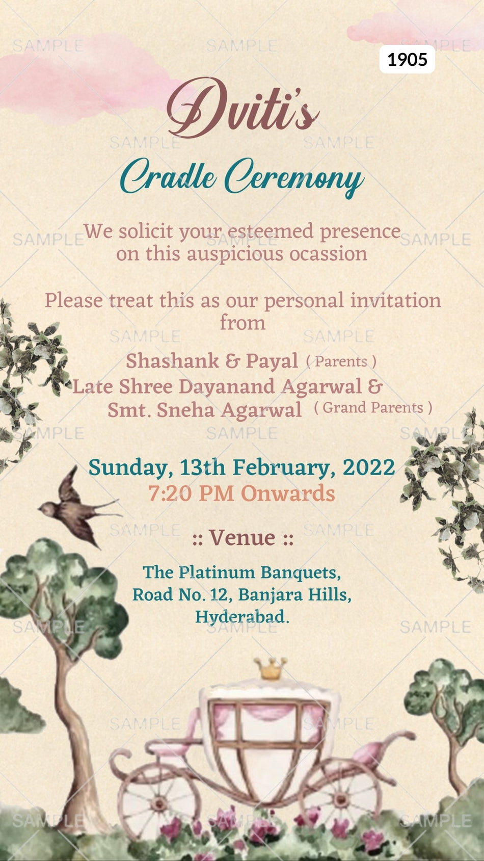 Cradle ceremony invitation card Canva Editable Template in english language with baby doodle, as minimalistic theme design 1905