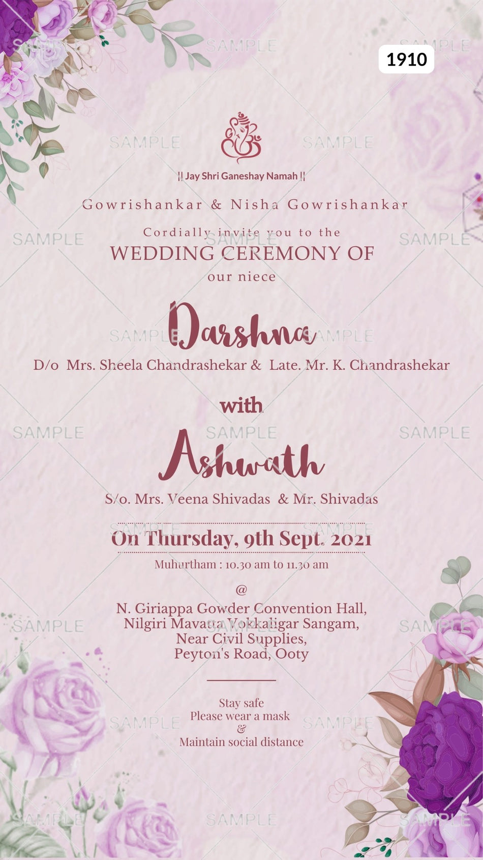 Wedding ceremony invitation card Canva Editable Template of hindu south indian tamil family in english language with artistic flowers theme design 1910