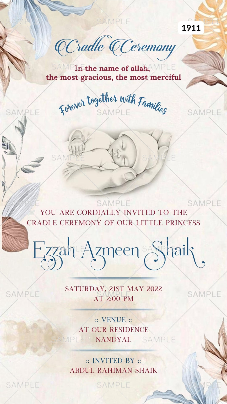 Cradle ceremony invitation card Canva Editable Template for baby girl in english language with leaves as minimalistic theme design 1911