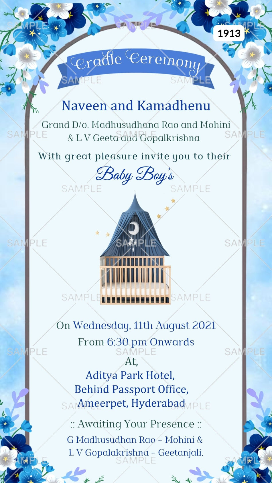 Cradle ceremony invitation card Canva Editable Template for baby boy in english language with cradle, gate, flowers as floral theme design 1913