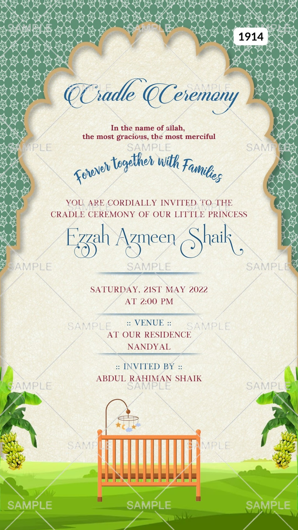 Cradle ceremony invitation card Canva Editable Template in english language with arch, cradle as traditional theme design 1914