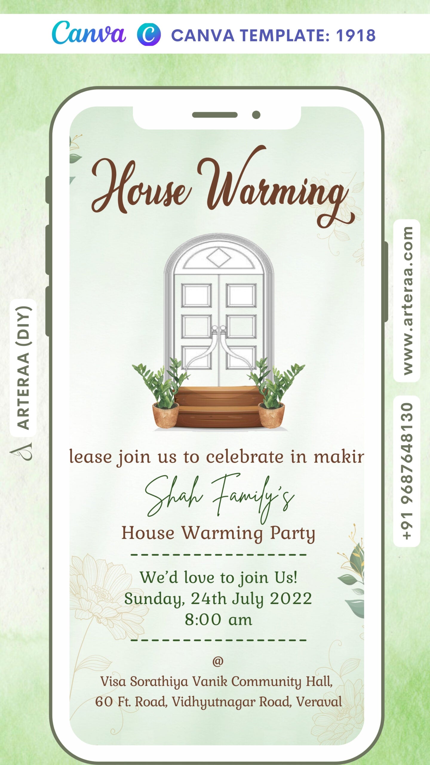 House Warming ceremony invitation card Canva Editable Template in english language with door, pot as leaves theme design 1918