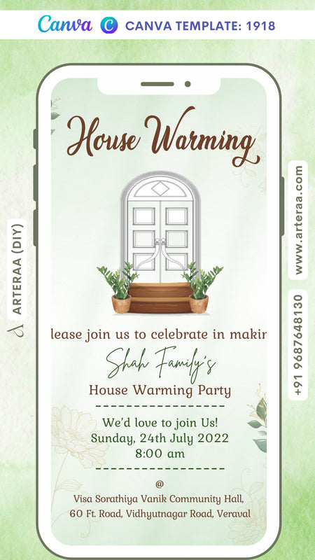 House Warming ceremony invitation card Canva Editable Template in english language with door, pot as leaves theme design 1918