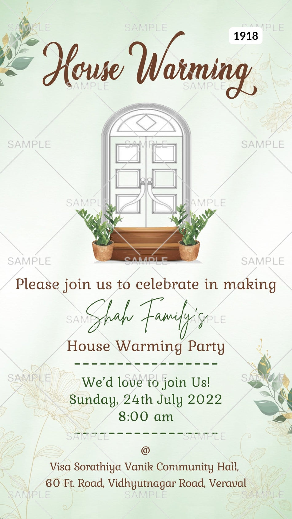 House Warming ceremony invitation card Canva Editable Template in english language with door, pot as leaves theme design 1918