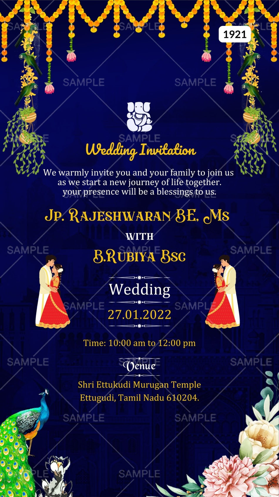 Wedding ceremony invitation card Canva Editable Template of hindu south indian tamil family in english language with  peacock floral theme design 1921
