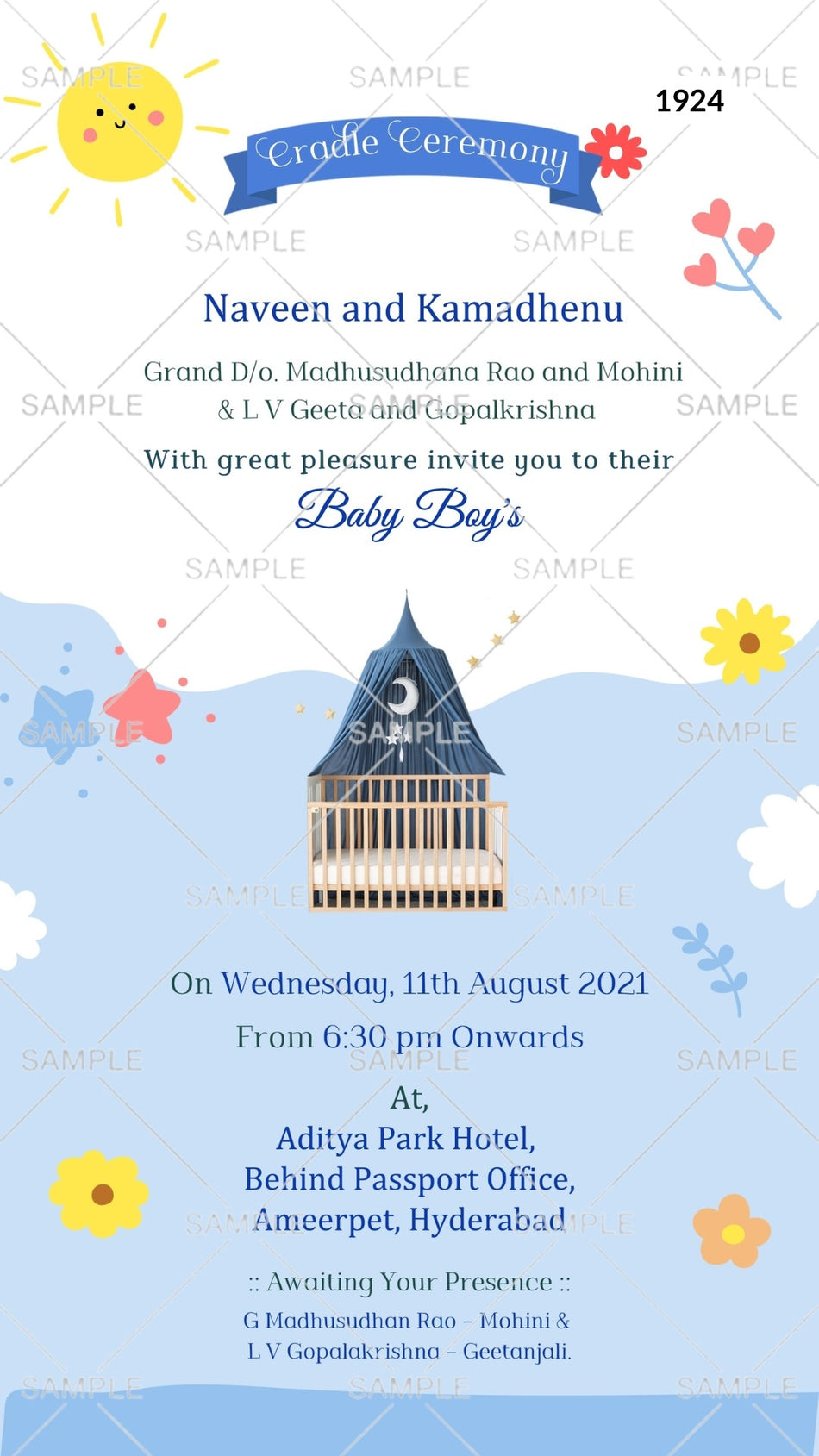 Cradle ceremony invitation card Canva Editable Template for baby boy in english language with cradle, sun as minimalistic theme design 1924