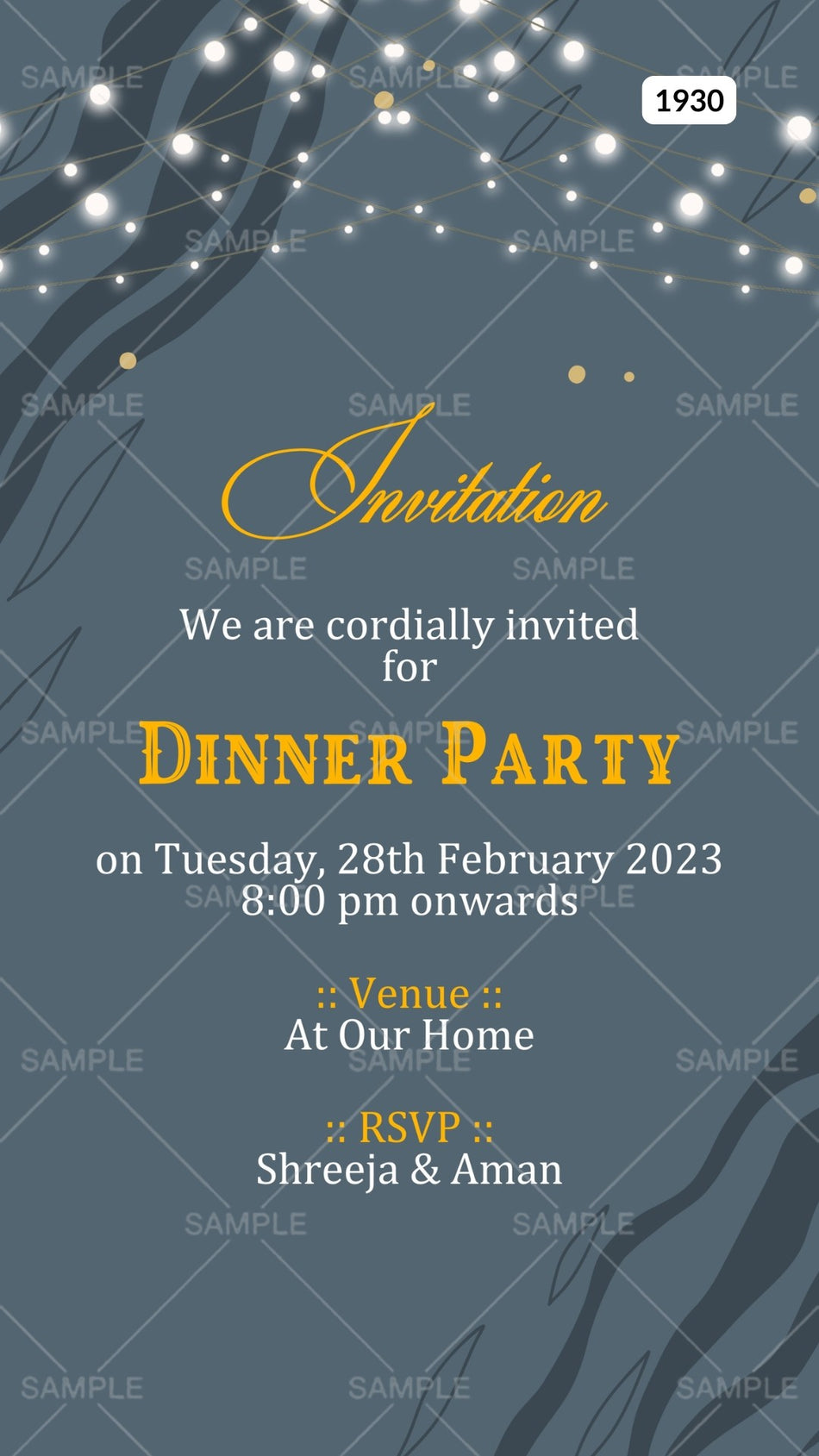 Dinner Party invitation card Canva Editable Template in english language with string lights as minimalistic theme design 1930