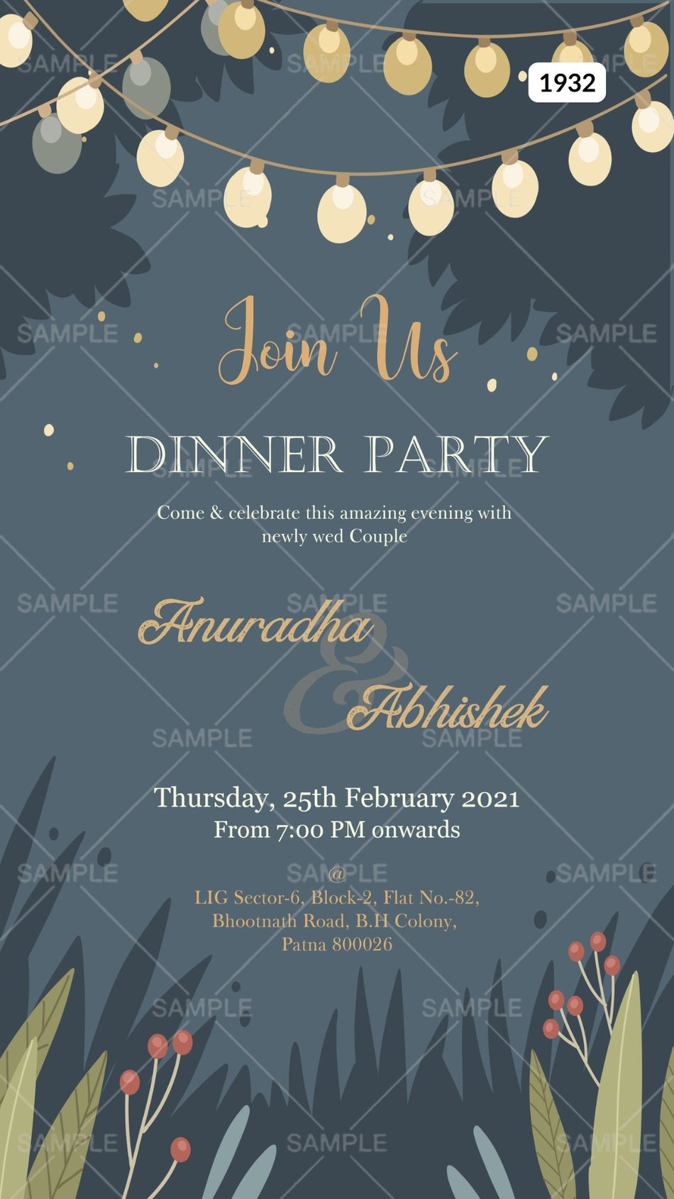 Dinner Party invitation card in english language with string lights as artistic leaves theme Canva Editable Template design 1932