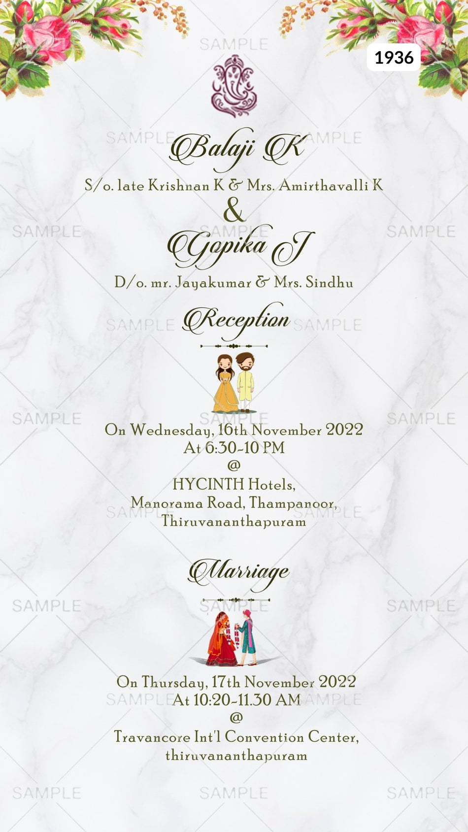 Wedding ceremony invitation card Canva Editable Template of hindu south indian malayali family in english language with minimalistic theme design 1936