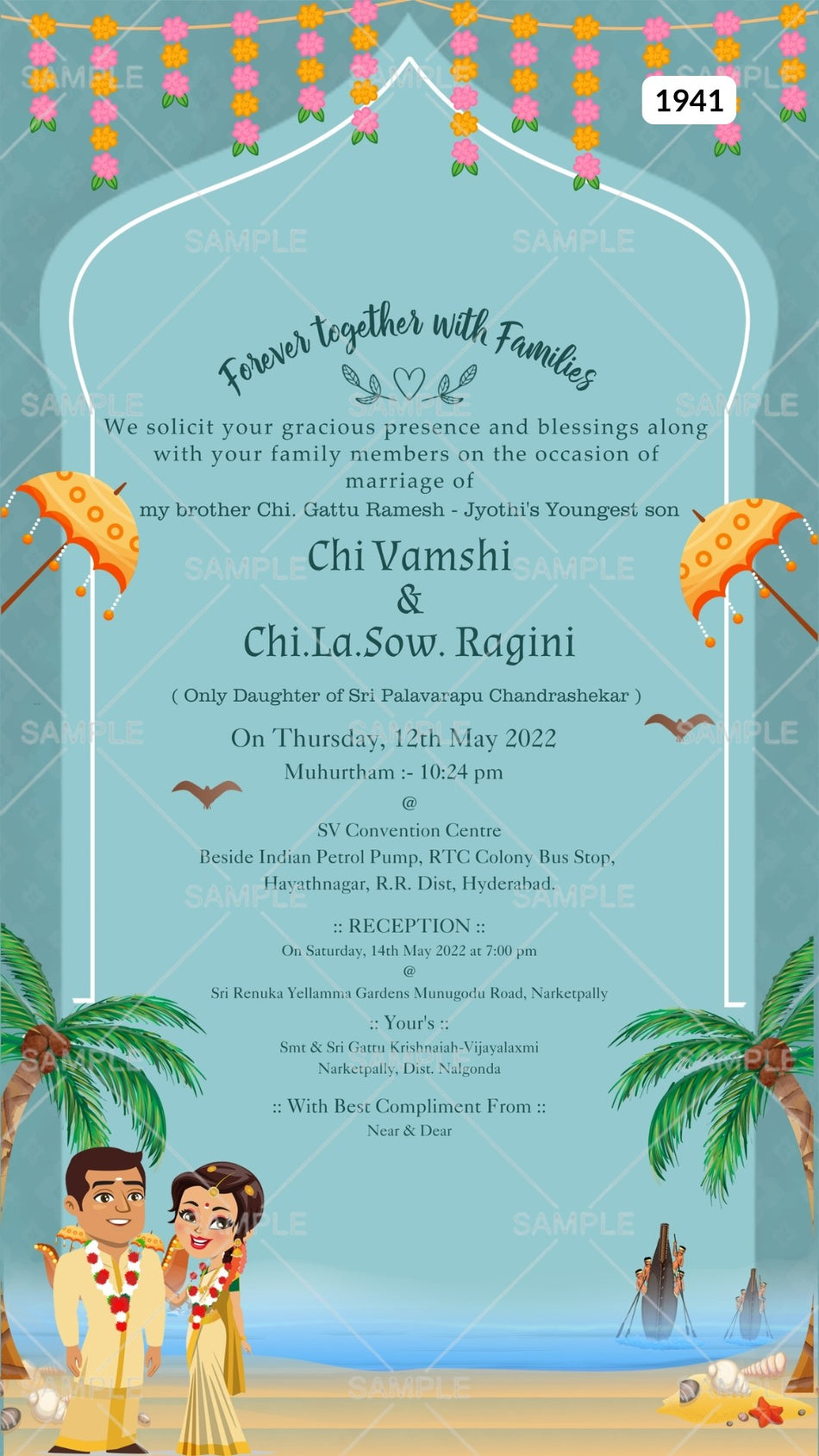 Wedding ceremony invitation card Canva Editable Template of hindu south indian telugu family in english language with beach theme design 1941