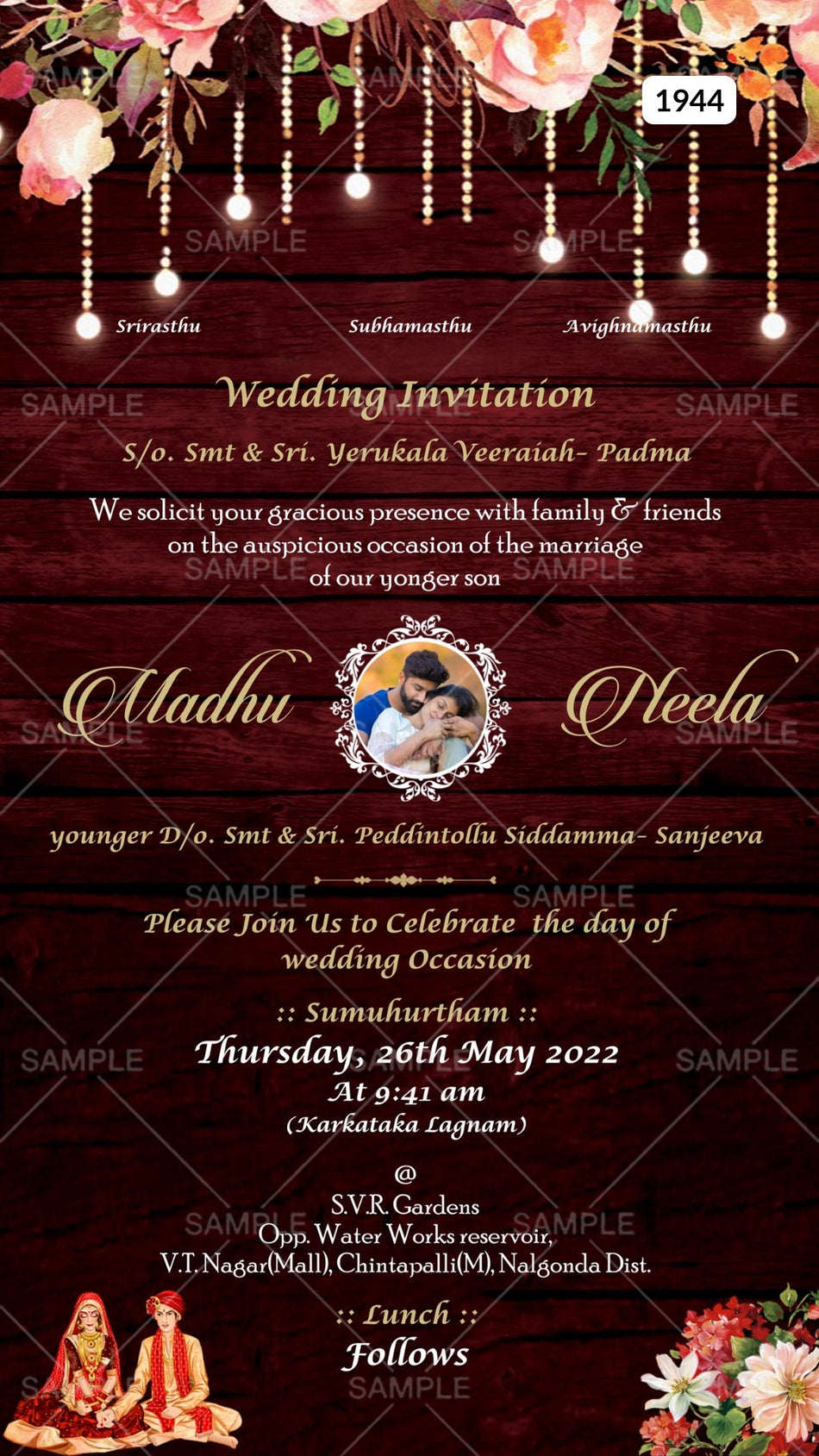 Wedding ceremony invitation card Canva Editable Template of hindu south indian telugu family in english language with  floral couple photo theme design 1944