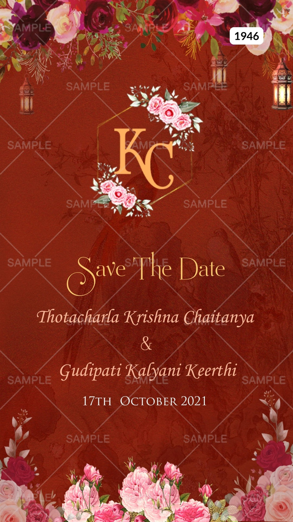 Save the Date card Canva Editable Template in english language with flowers, couple logo as floral theme design 1946