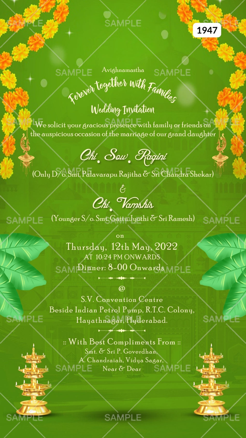 Wedding ceremony invitation card Canva Editable Template of hindu south indian telugu family in english language with traditional theme design 1947