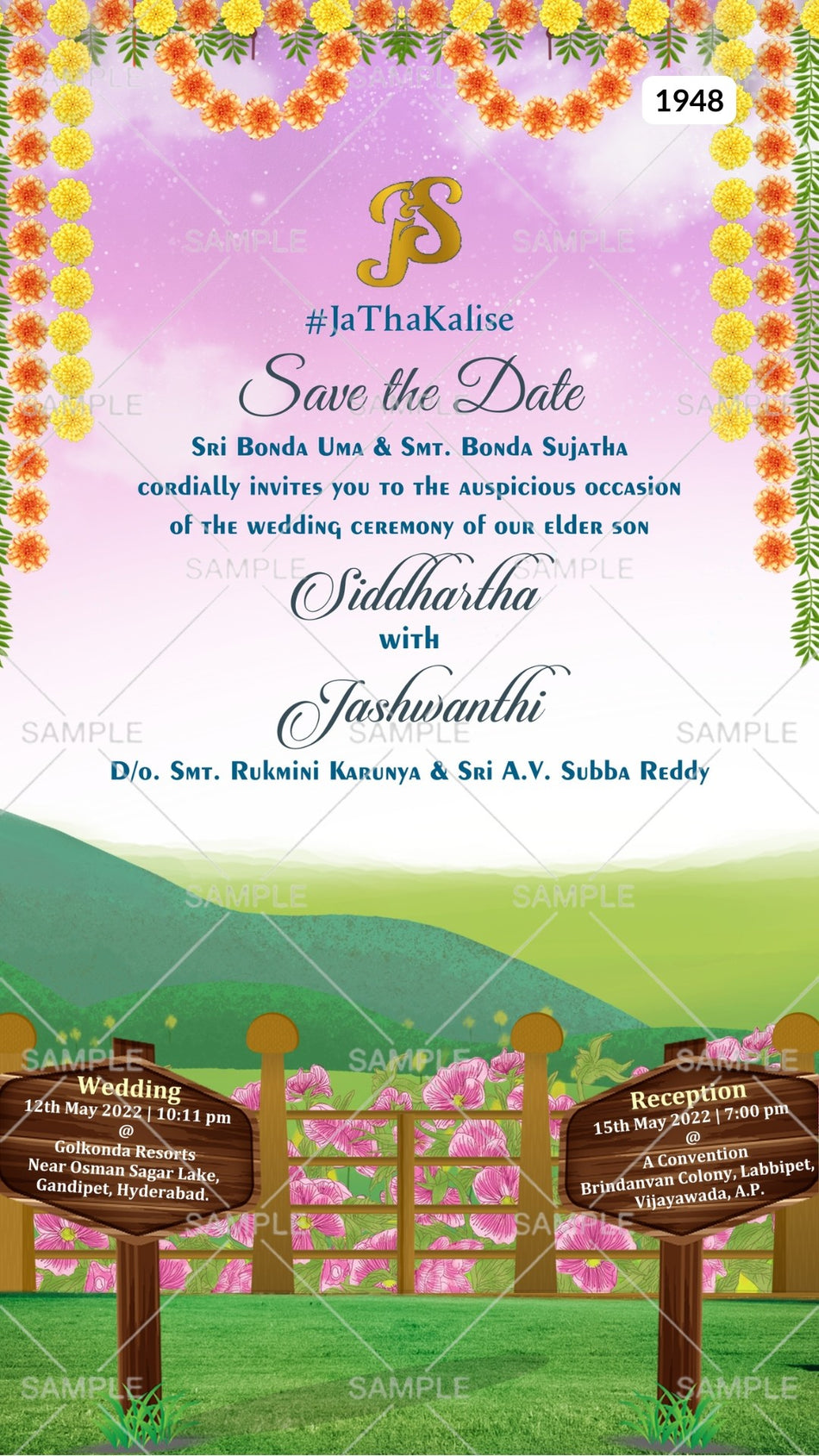 Wedding ceremony invitation card Canva Editable Template of hindu south indian telugu family in english language with  garden theme design 1948