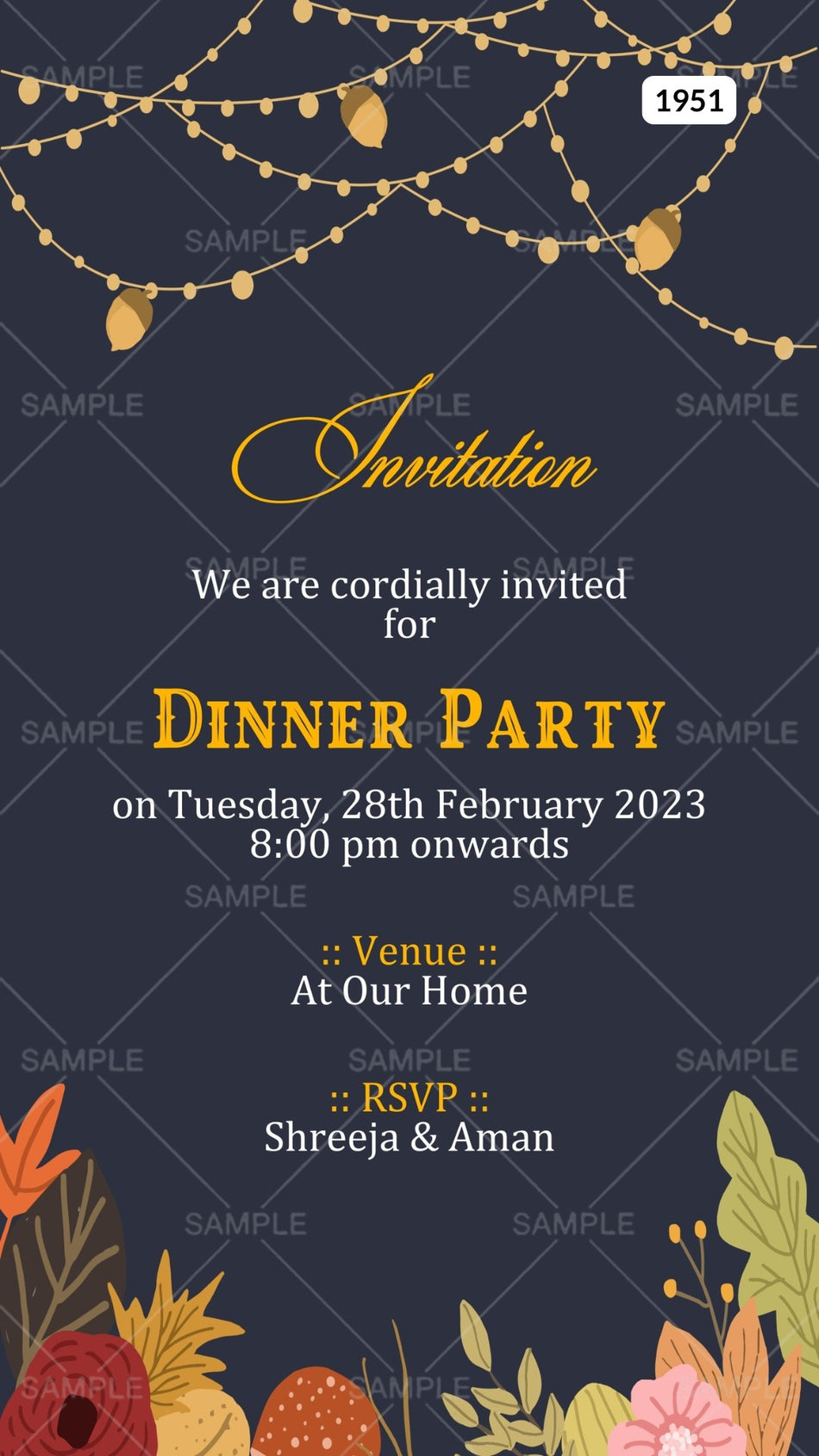 Dinner Party invitation card Canva Editable Template in english language with artistic leaves theme design 1951